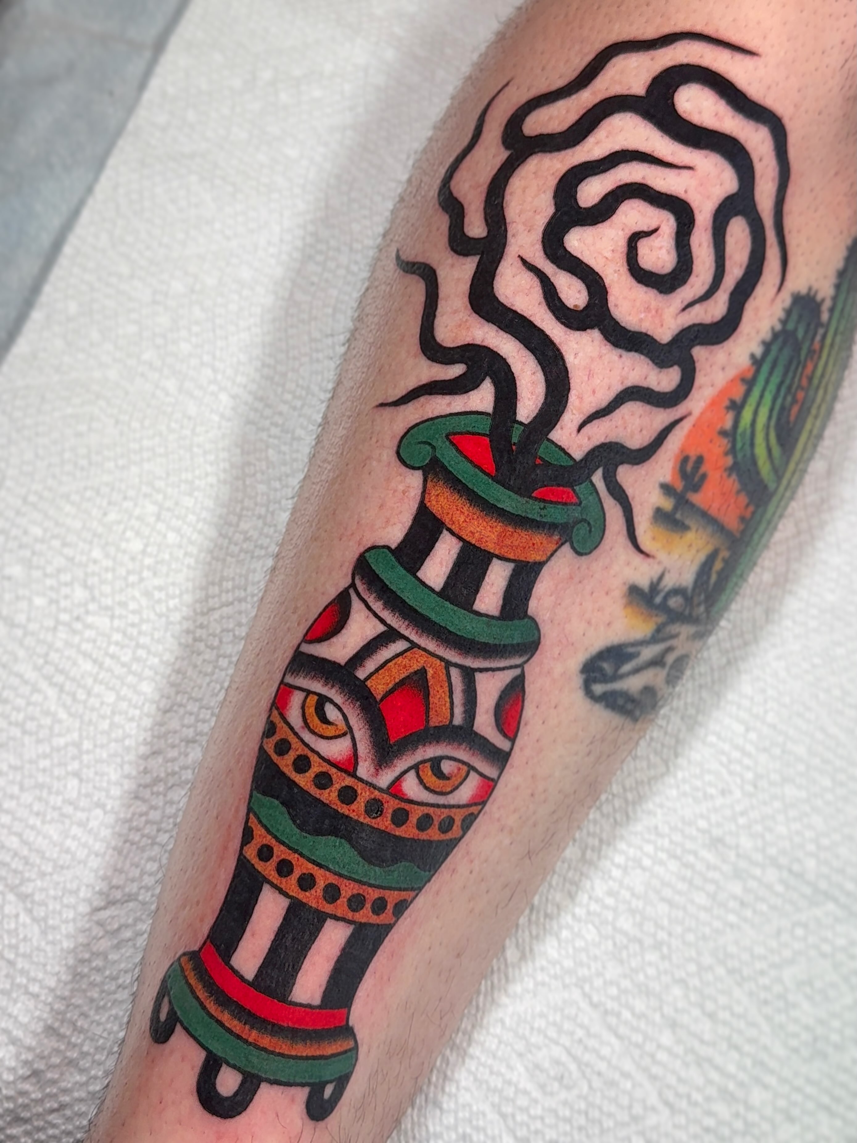Smoking pipe American traditional tattoo on the forearm by Collin Rigsby, Minneapolis, Minnesota