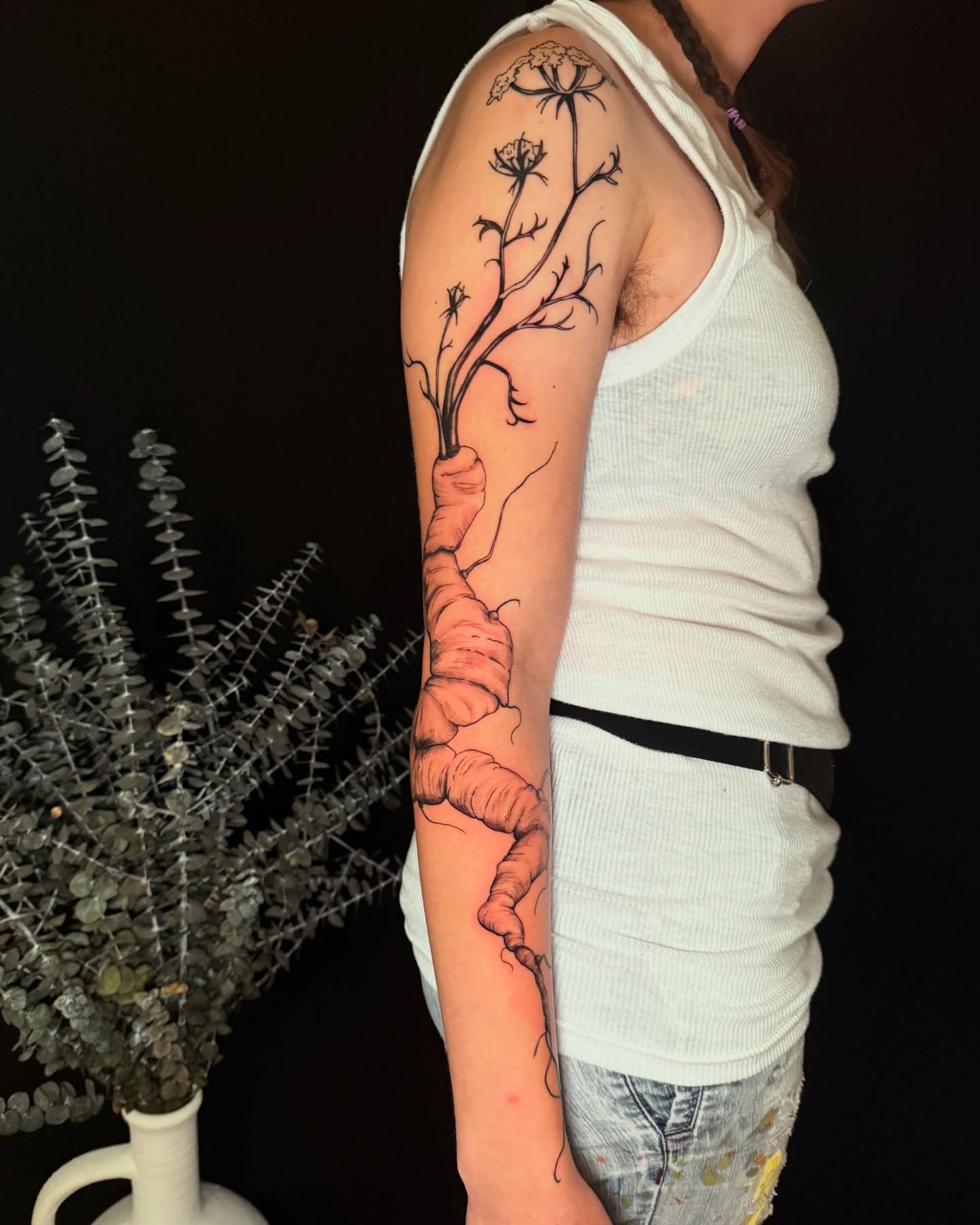 Carrot and plant realism tattoo on the forearm by marlena borscheid