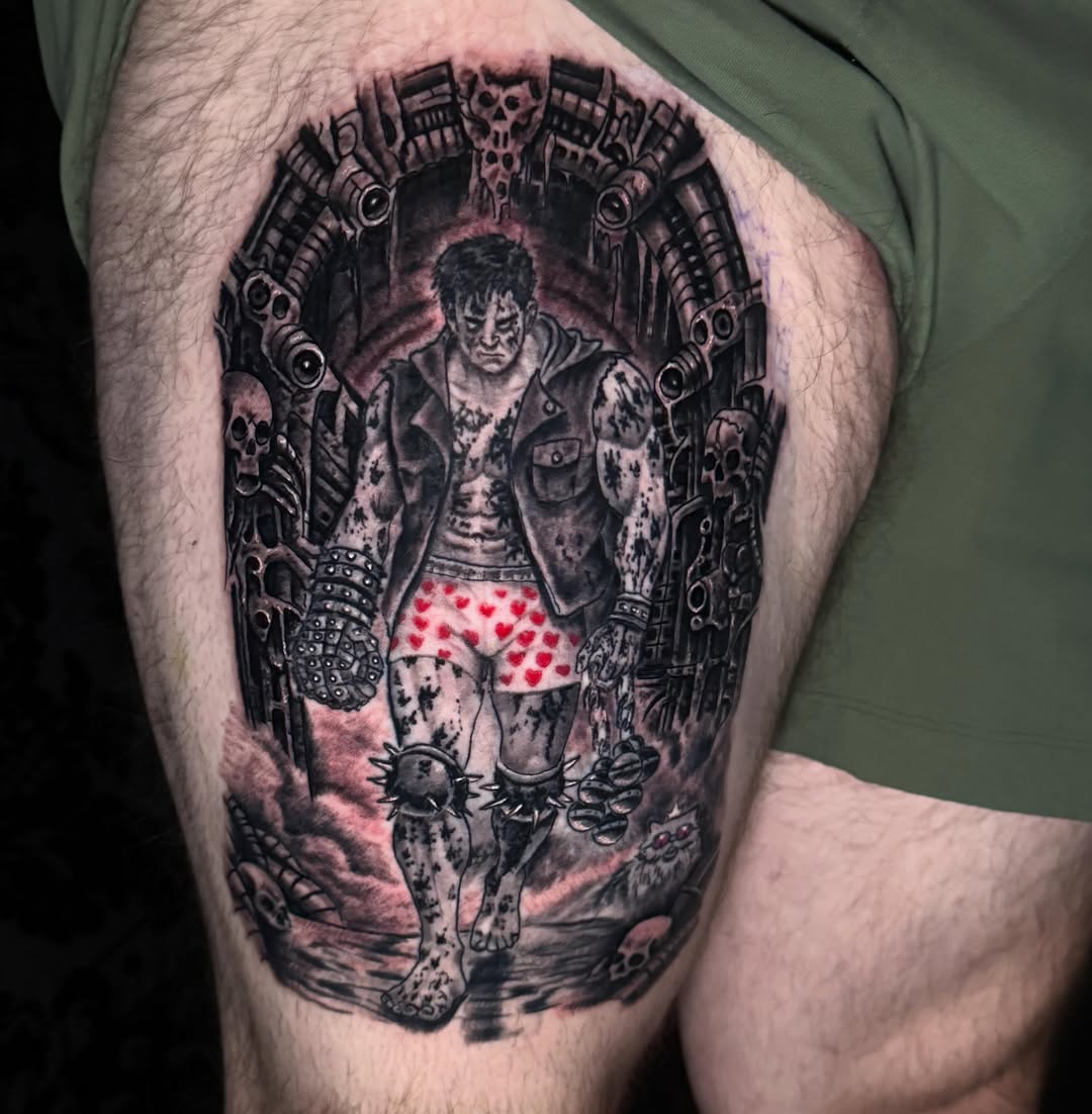 Cyborg man dark realism tattoo on the thigh by Jacob Bettker, Centerville, Ohio