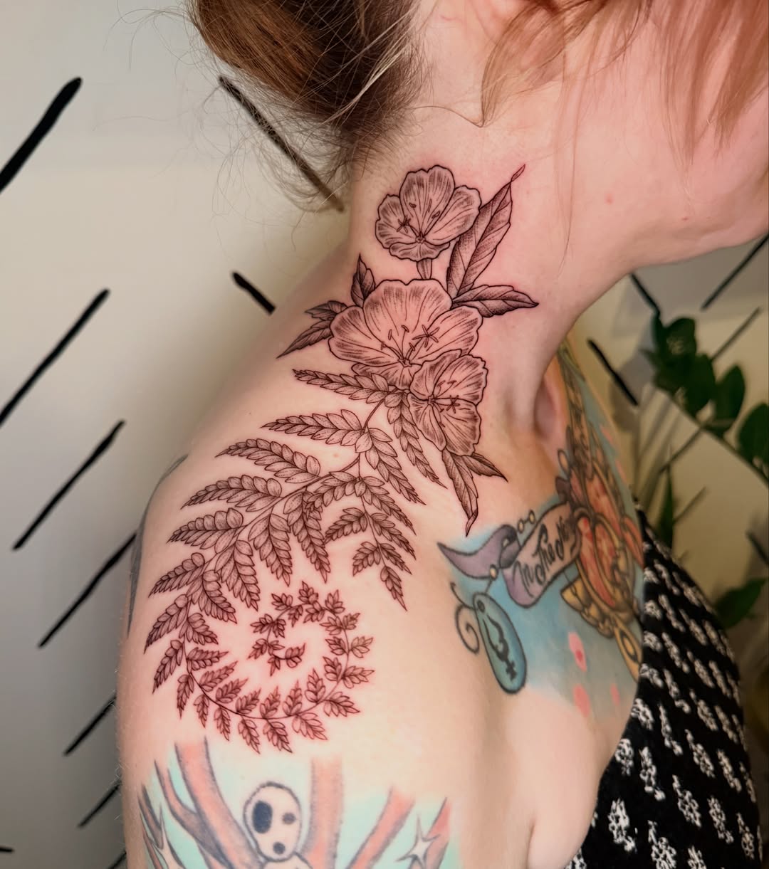 Floral arrangement black and grey tattoo on the shoulder by ππ£ππ€π₯π ππ¦ππ‘π, Lakewood, Colorado