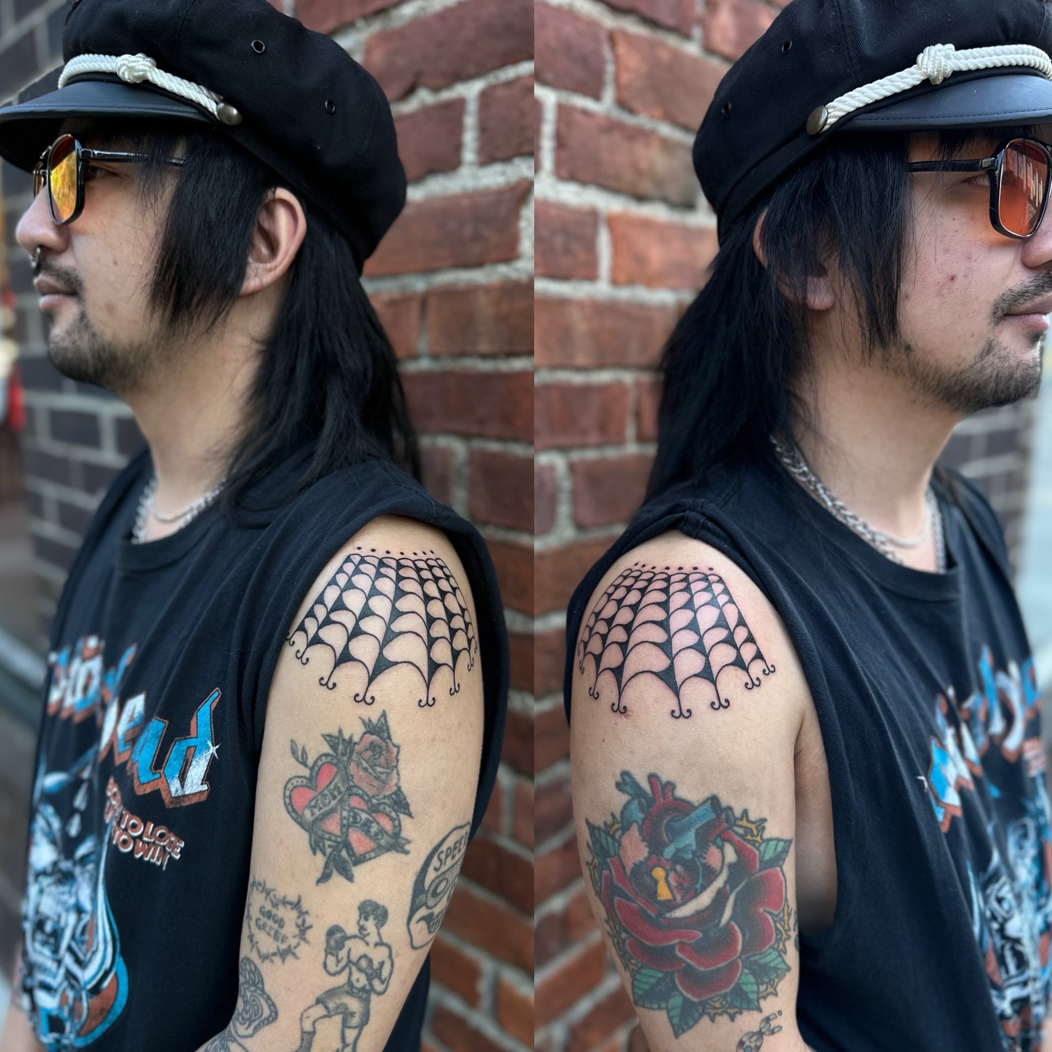 Spiderweb American traditional tattoo on the shoulder by Tyyler Santor (Tattoo Artist), Somerville, Massachusetts