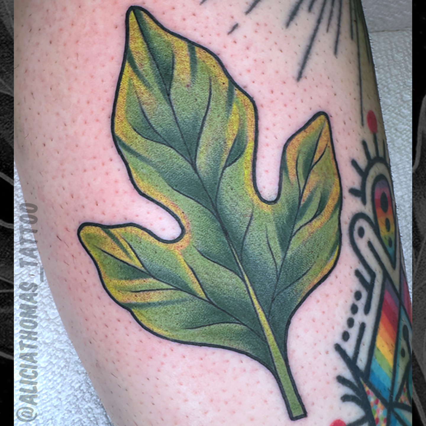 Leaf American traditional tattoo on the forearm by 𝖆𝖑𝖎𝖈𝖎𝖆 𝖙𝖍𝖔𝖒𝖆𝖘