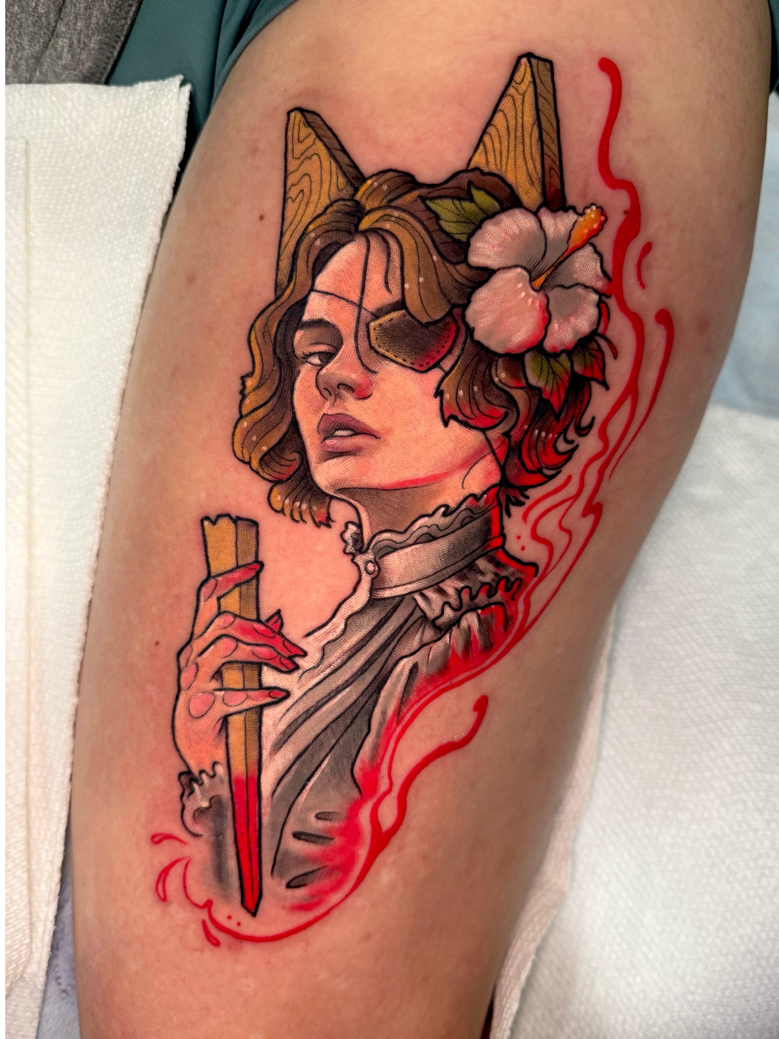 Woman with dagger American traditional tattoo on the thigh by Paul Endres Jr