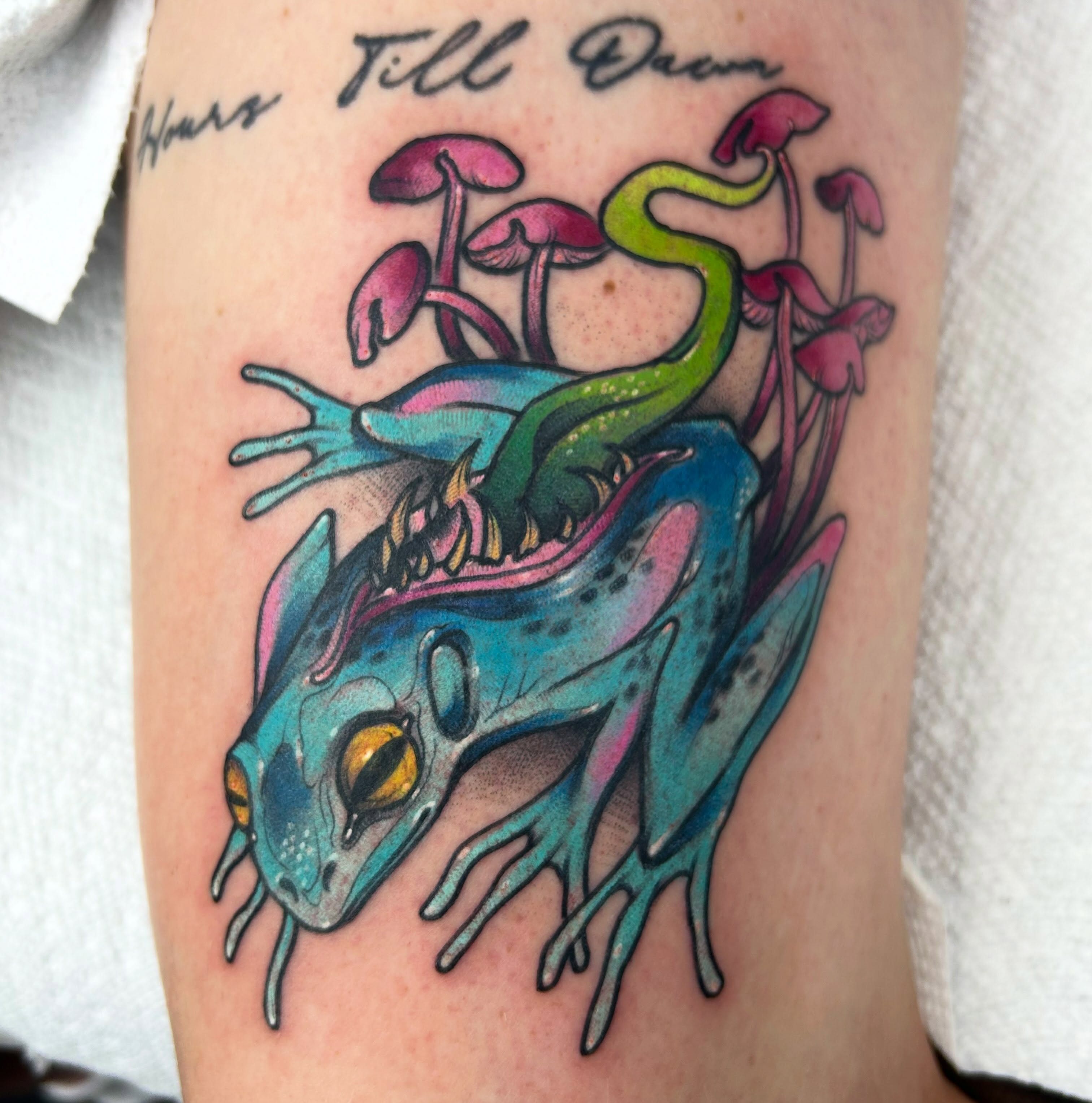 Frog and snake new school tattoo on the forearm by Tatijana., Kettering, Ohio