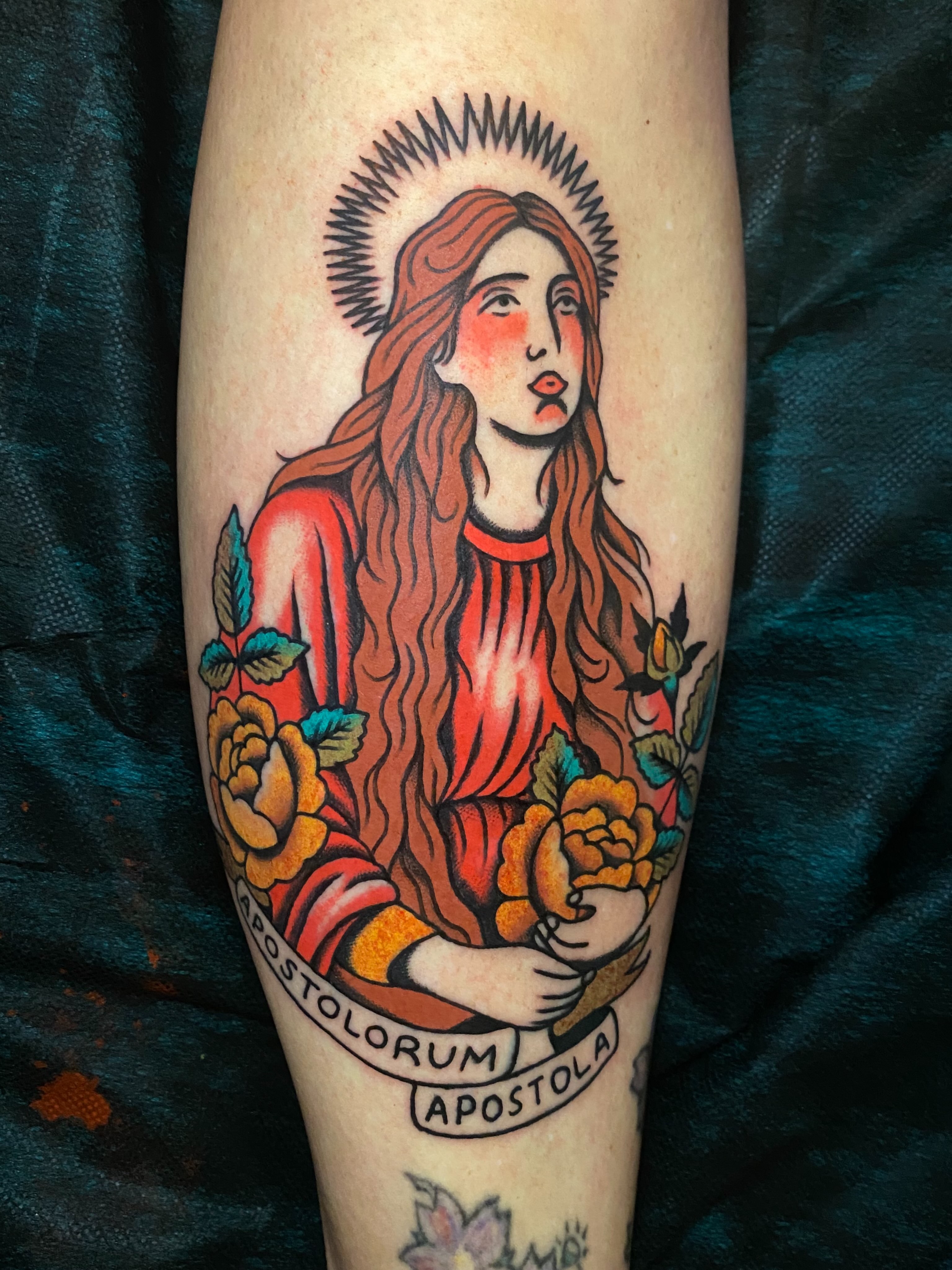 Religious figure American traditional tattoo on the forearm by Jaclin Grace Hastings
