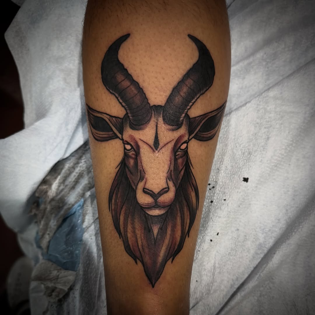 Ram head realism tattoo on the forearm by Cory Haberman