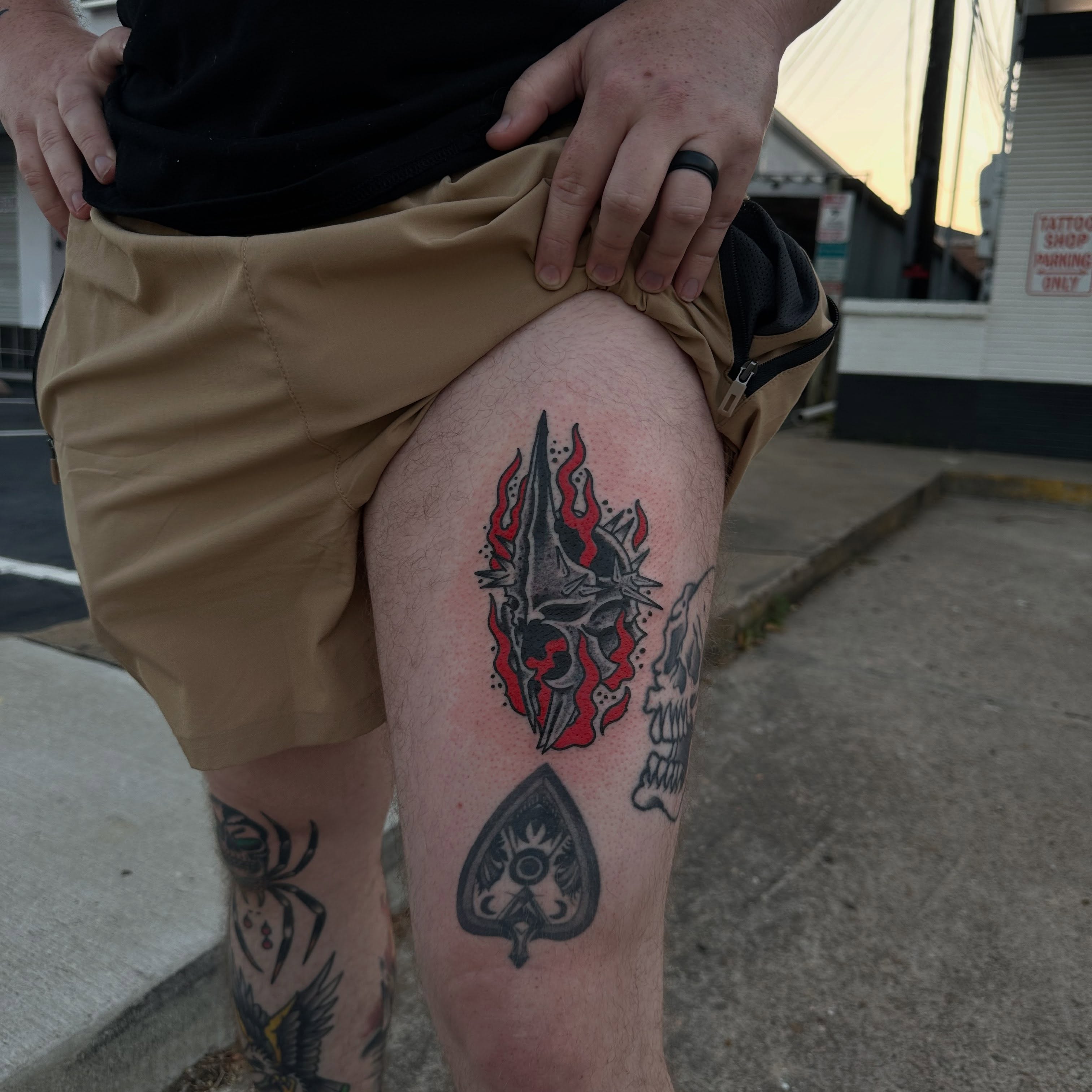 Flame skull dark realism tattoo on the thigh by Logan Perry