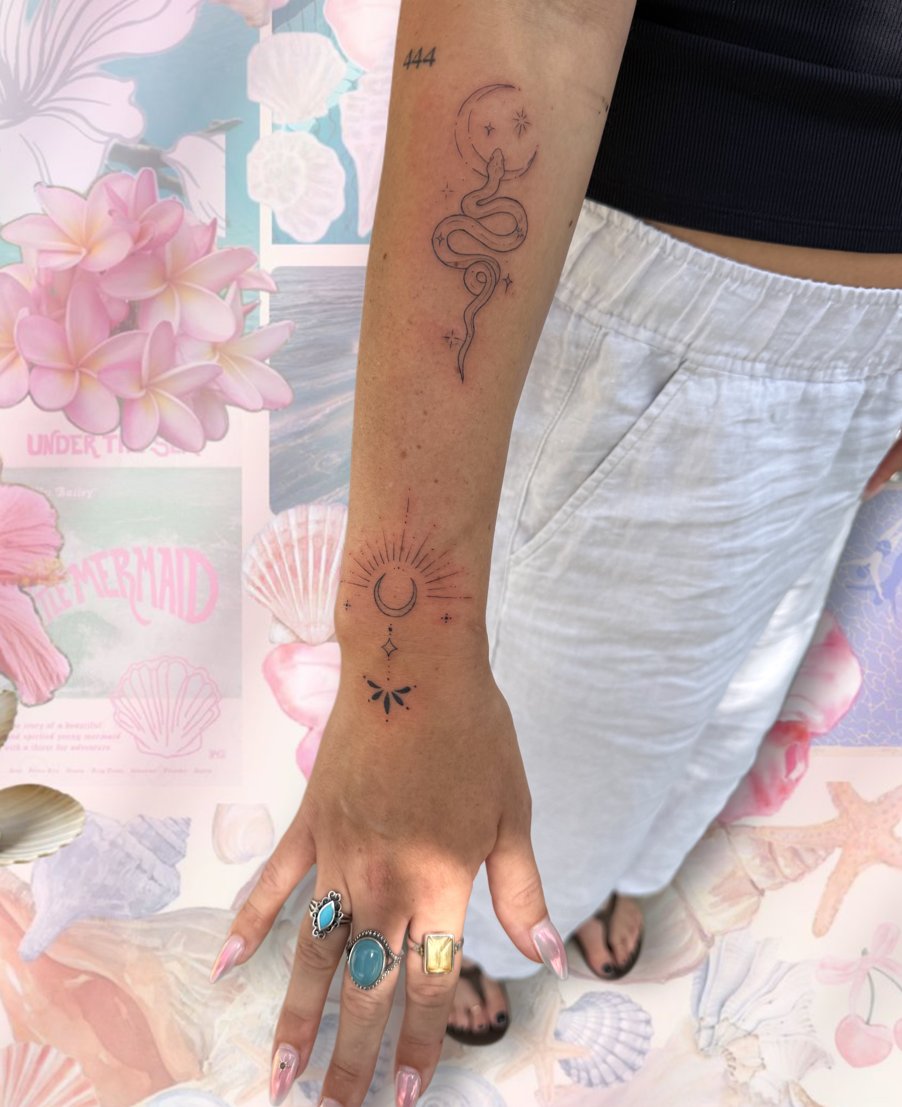 Snake and moon fine line tattoo on the forearm by : *✧･ﾟ:* camryn  *:･ﾟ✧:
