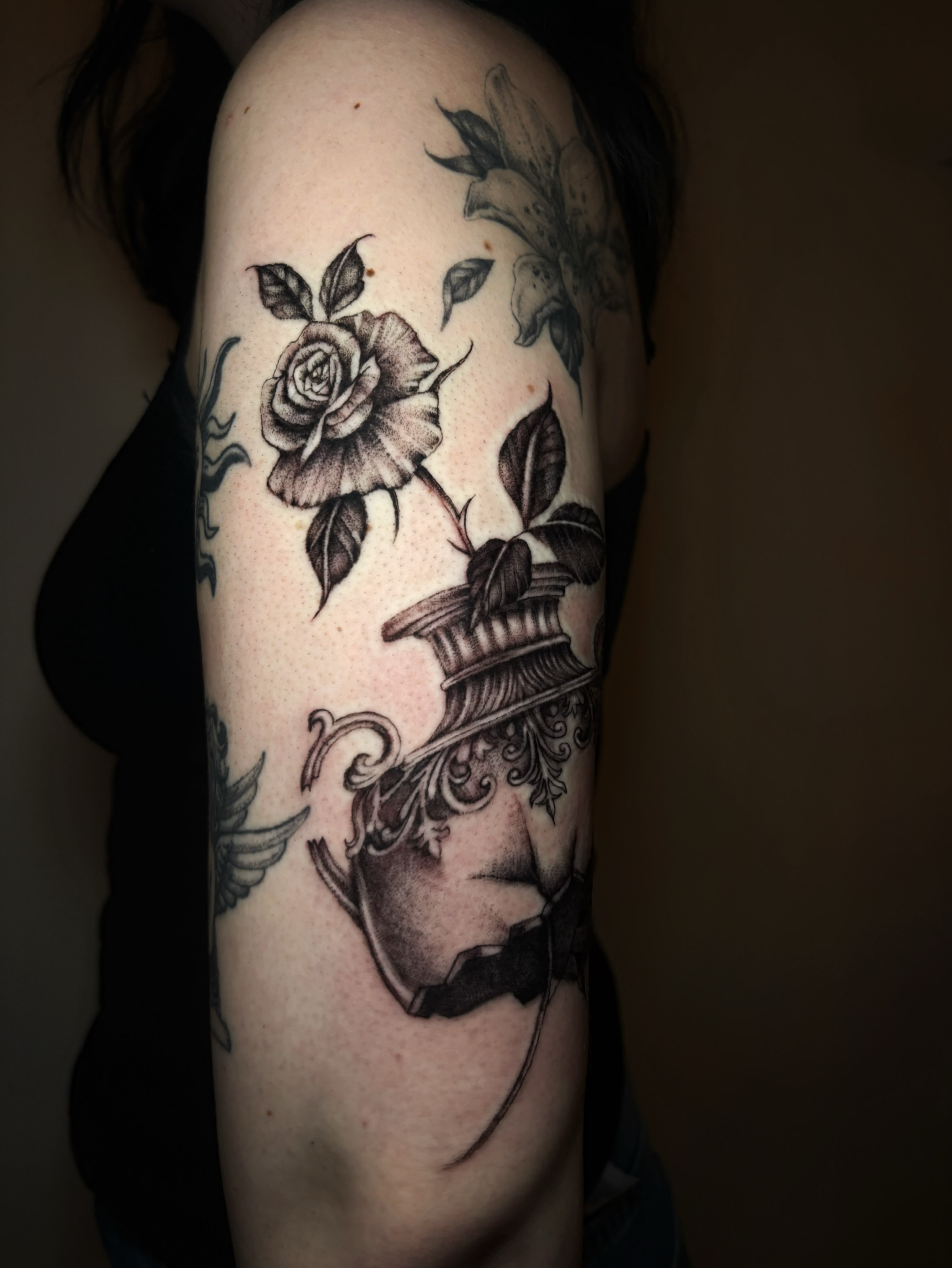 Rose and vase realism tattoo on the forearm by l i z ✶