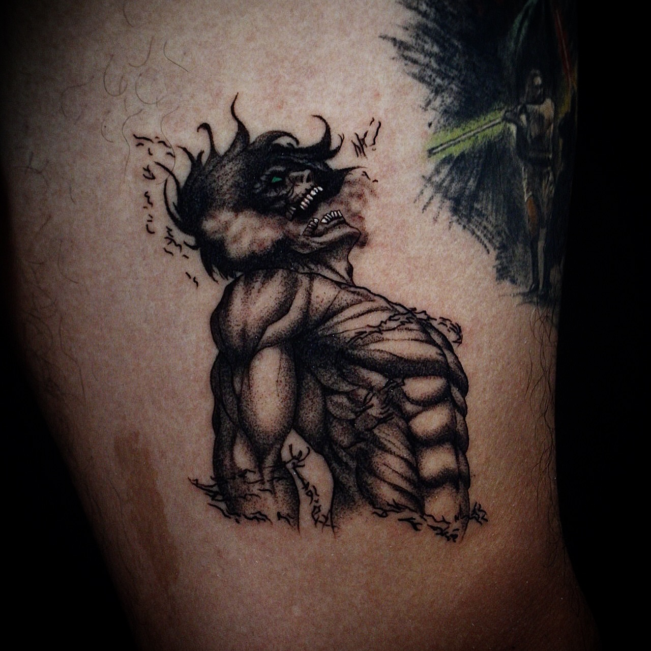 Orc black and grey tattoo on the thigh by Kanya, Alhambra, California