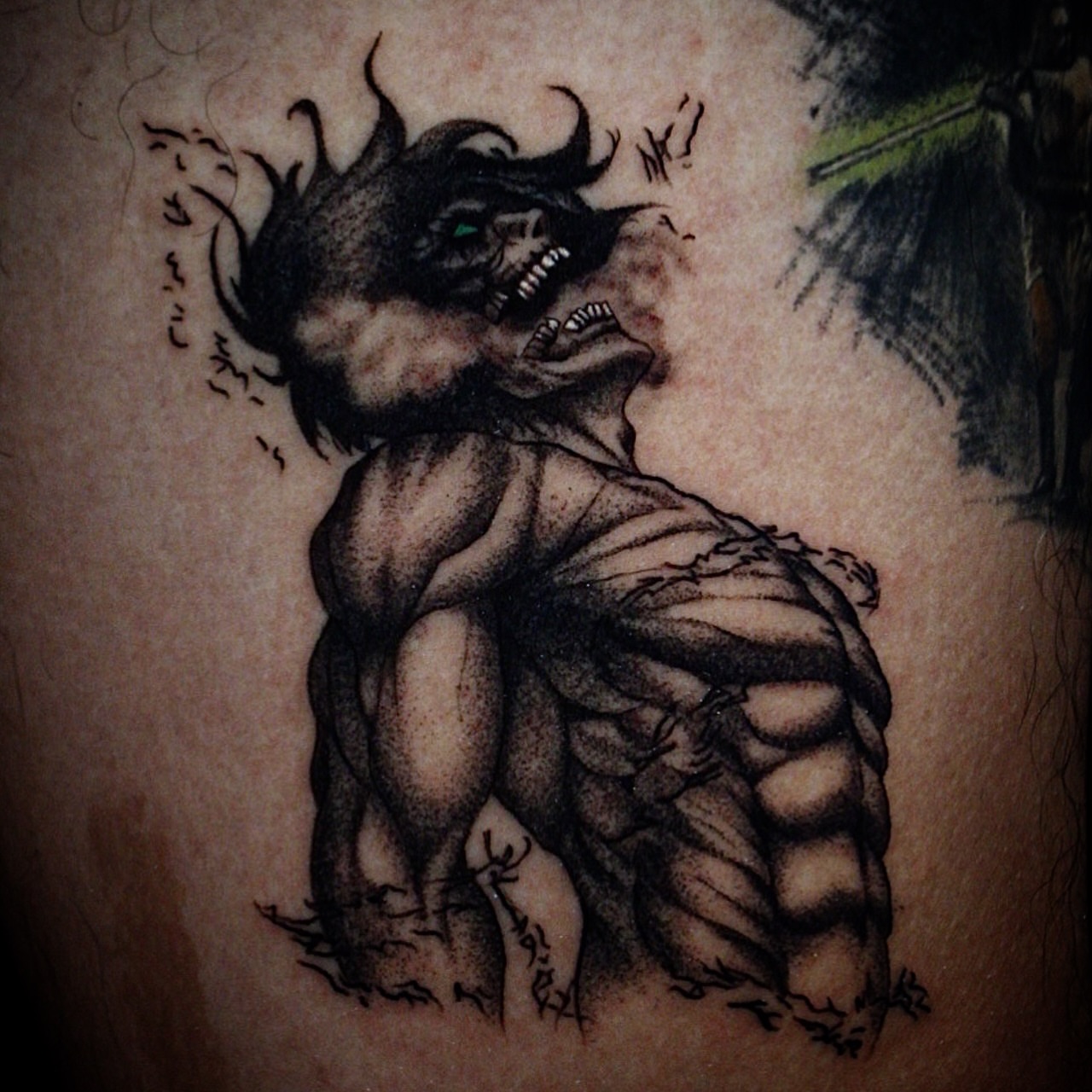 Demon dotwork tattoo on the thigh by Kanya, Alhambra, California