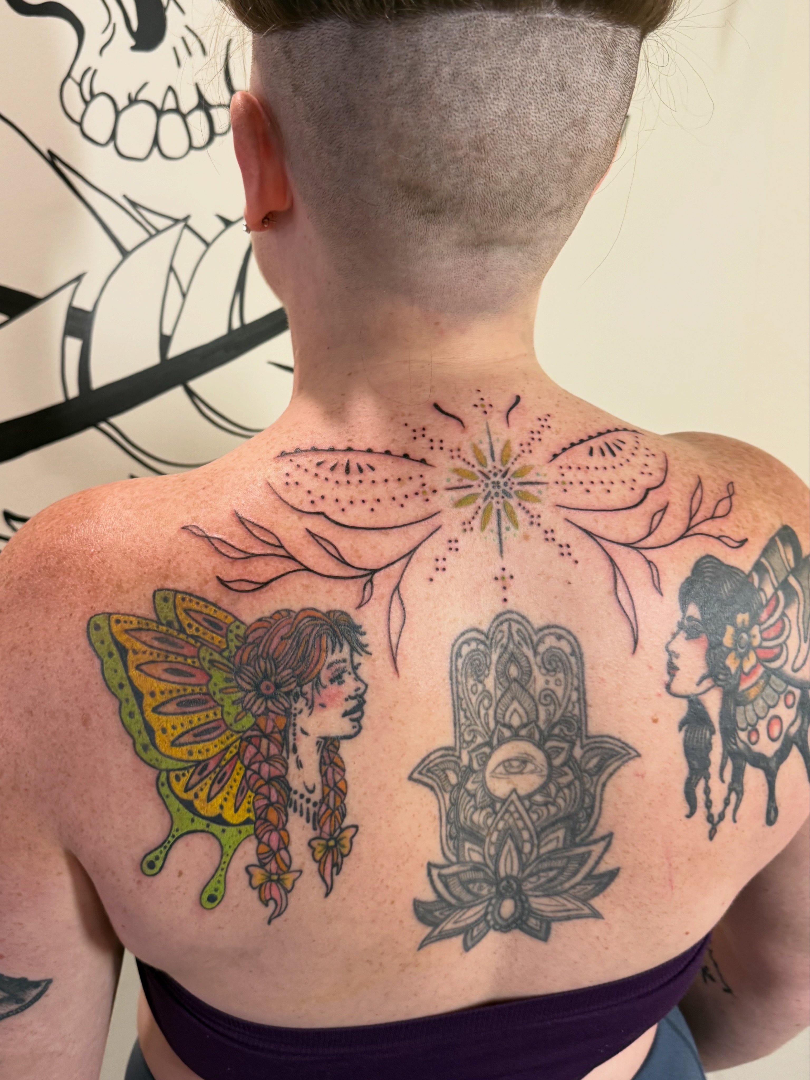 Fairy, hamsa, woman dotwork tattoo on the back by ⁘ heléna tupou-lisle ⁘
