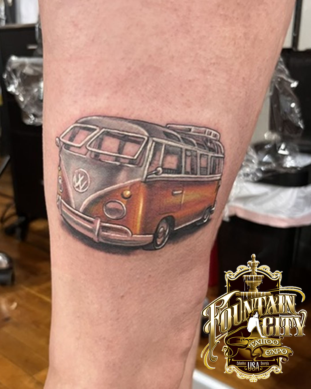 Vintage bus realism tattoo on the forearm by Look