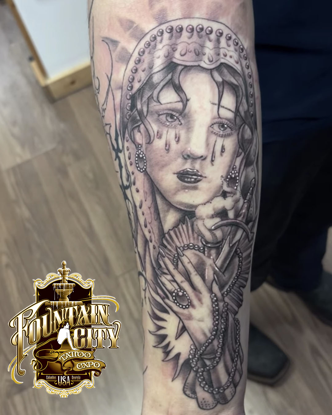 Woman with pearls realism tattoo on the forearm by Look
