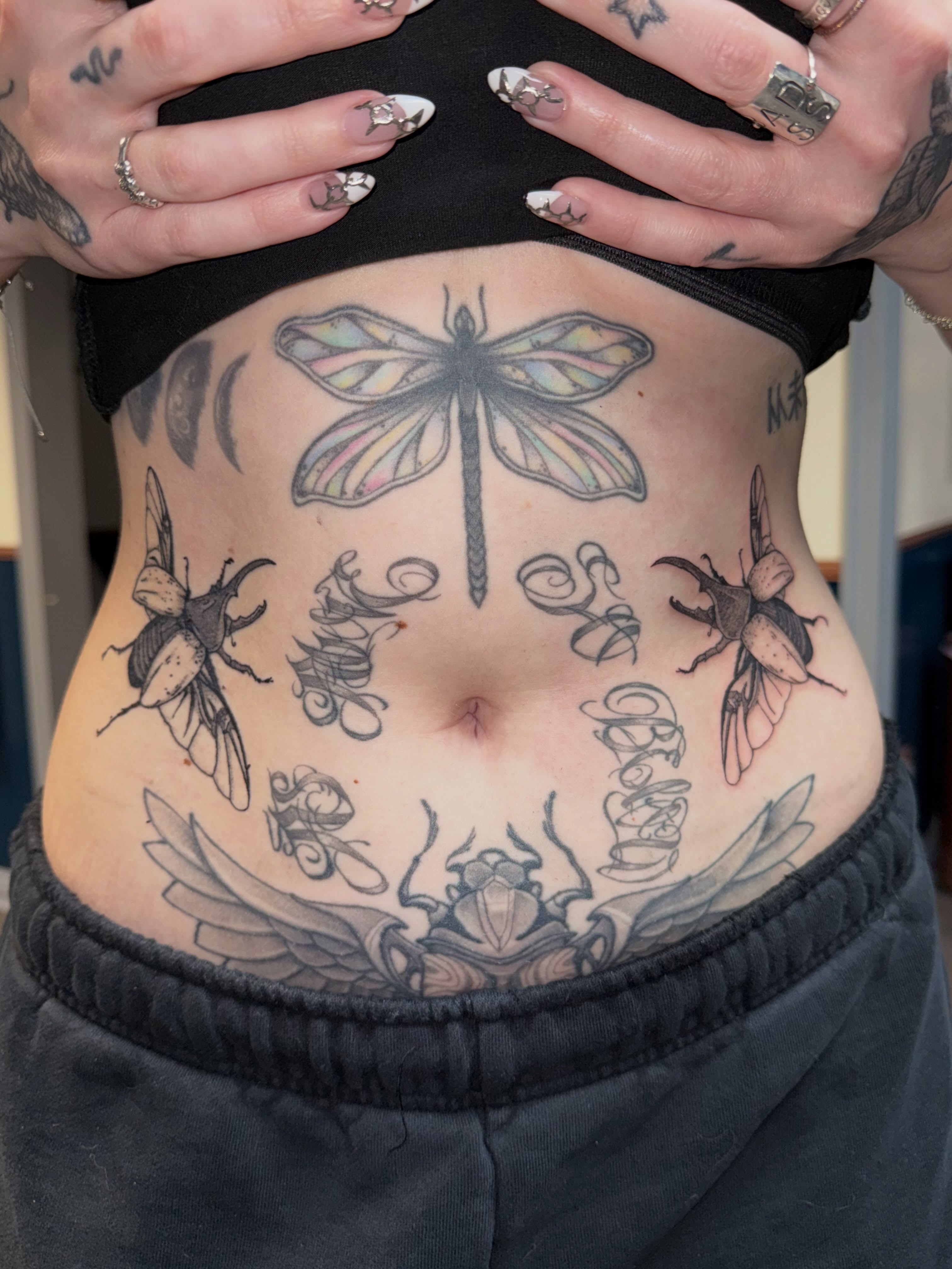 Insects and dragonfly black and grey tattoo on the torso by Elena