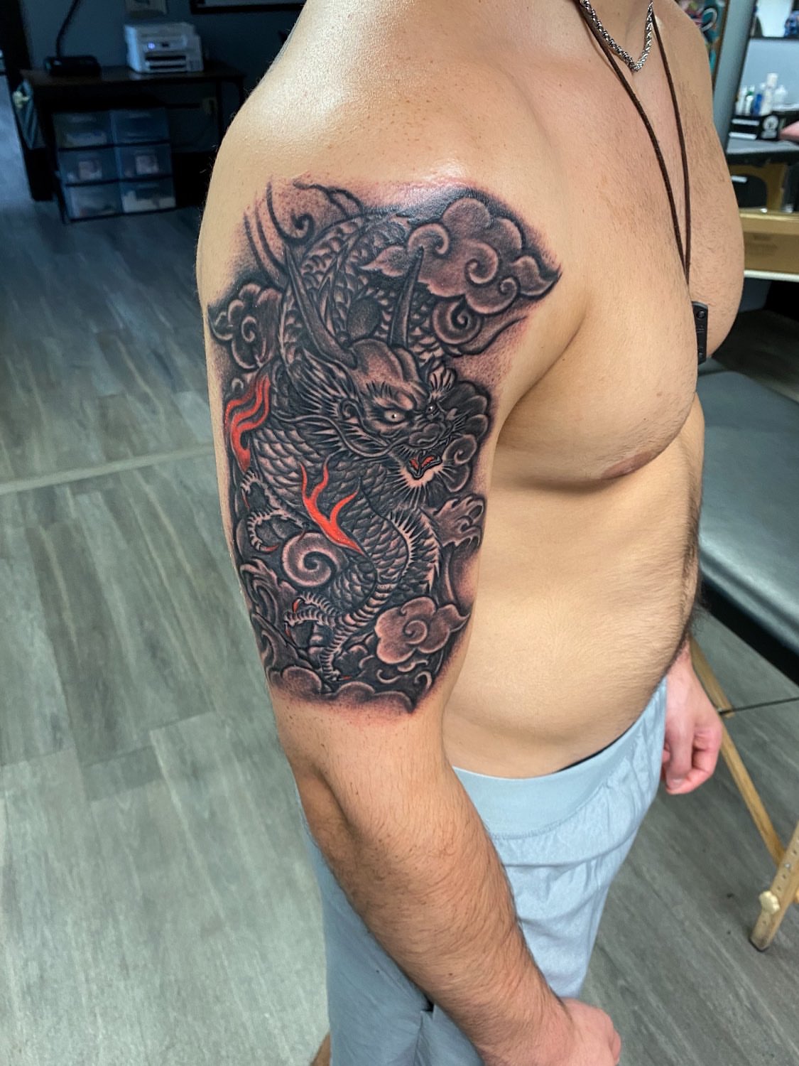 Dragon japanese irezumi tattoo on the shoulder by Kelan Mckenna