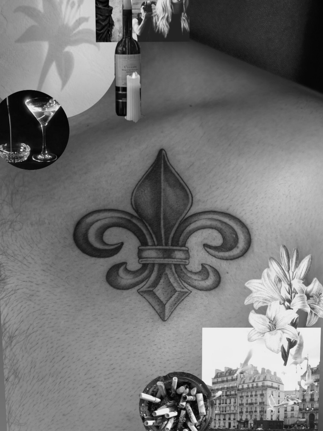 Fleur-de-lis black and grey tattoo on the chest by chloe🗡️🖤🦇🩸