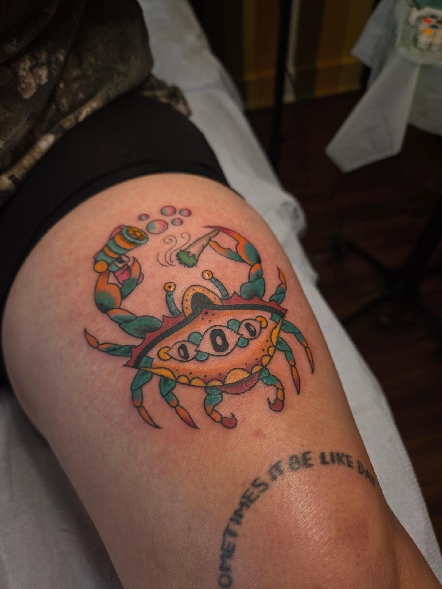 Crab new school tattoo on the thigh by jo(rdan)