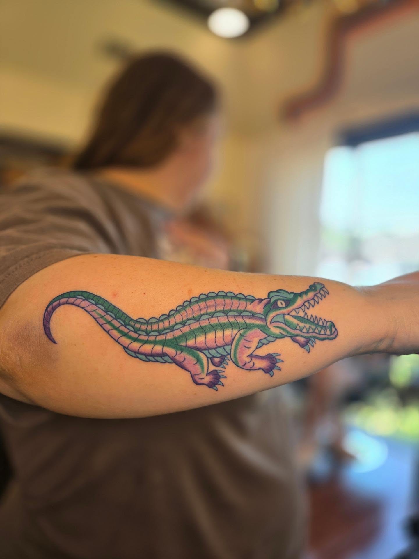 Alligator American traditional tattoo on the forearm by jo(rdan)