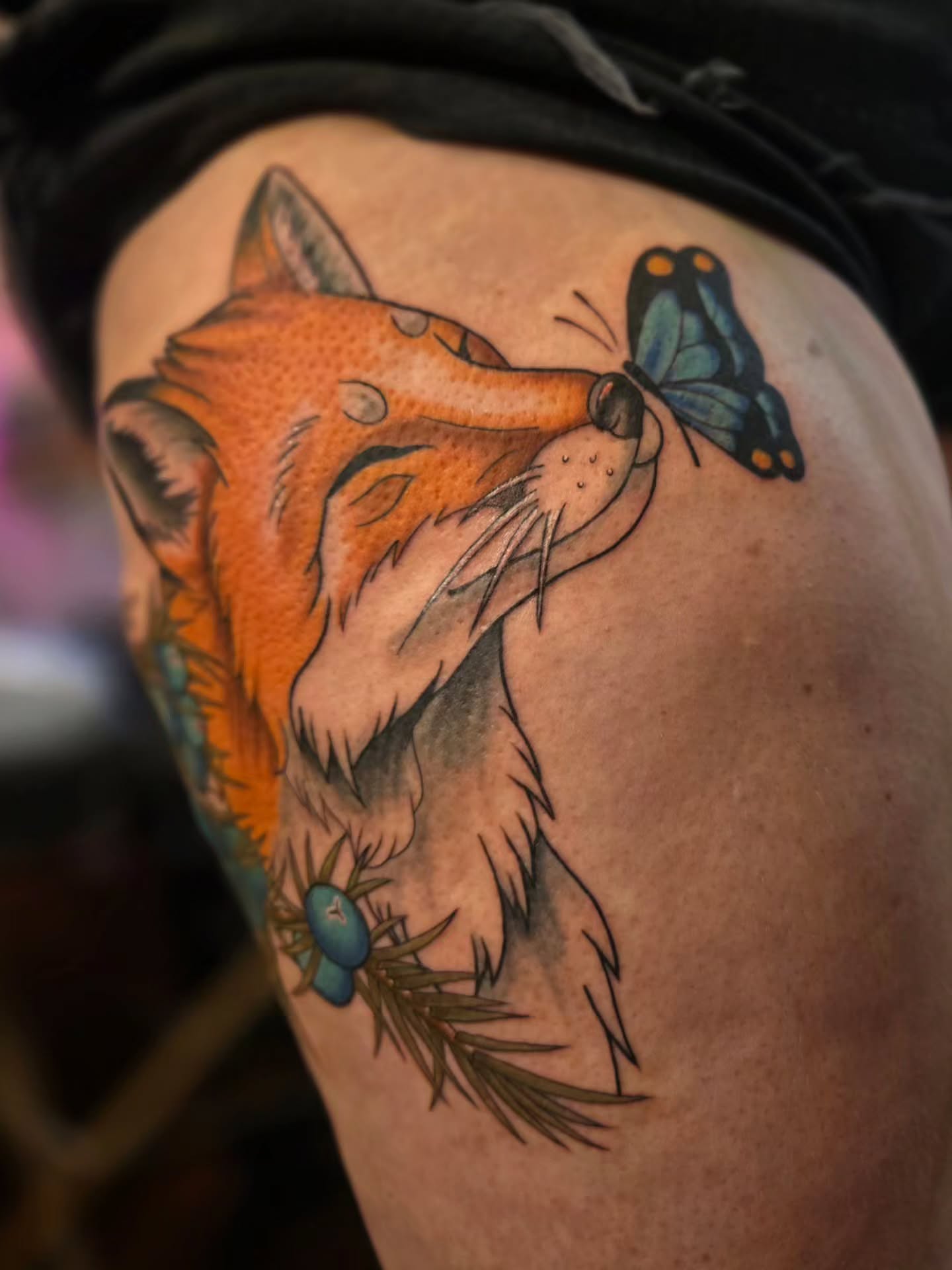 Fox and butterfly realism tattoo on the thigh by jo(rdan)
