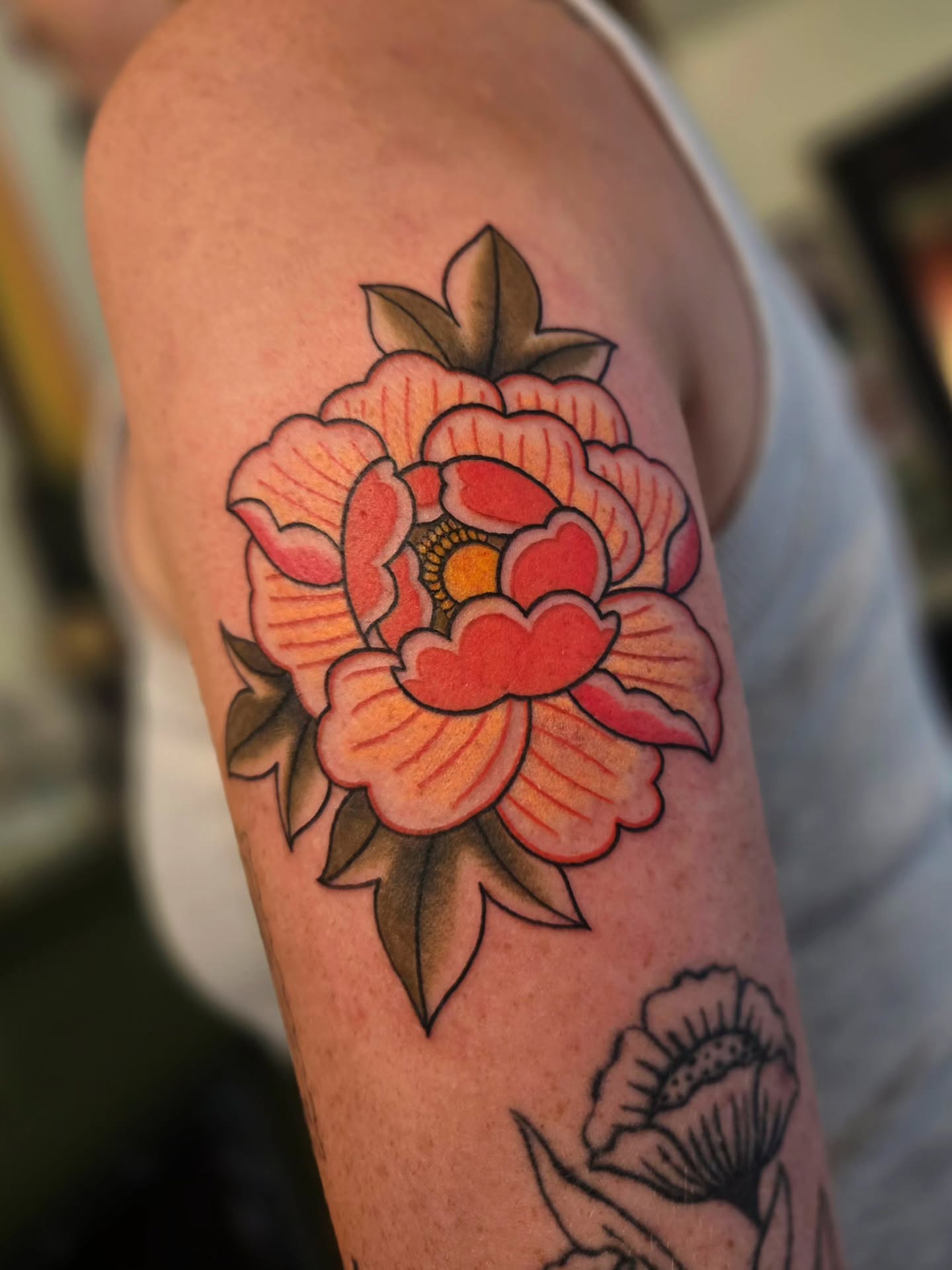 Peony American traditional tattoo on the forearm by jo(rdan)