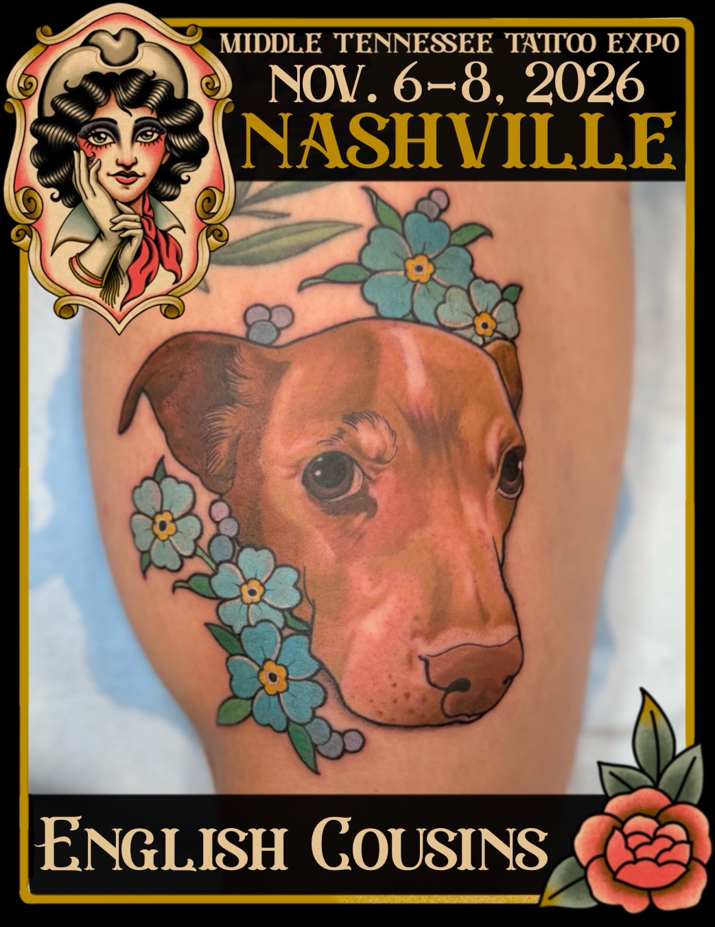 Dog with flowers American traditional tattoo on the thigh by English Cousins, Nashville, Tennessee