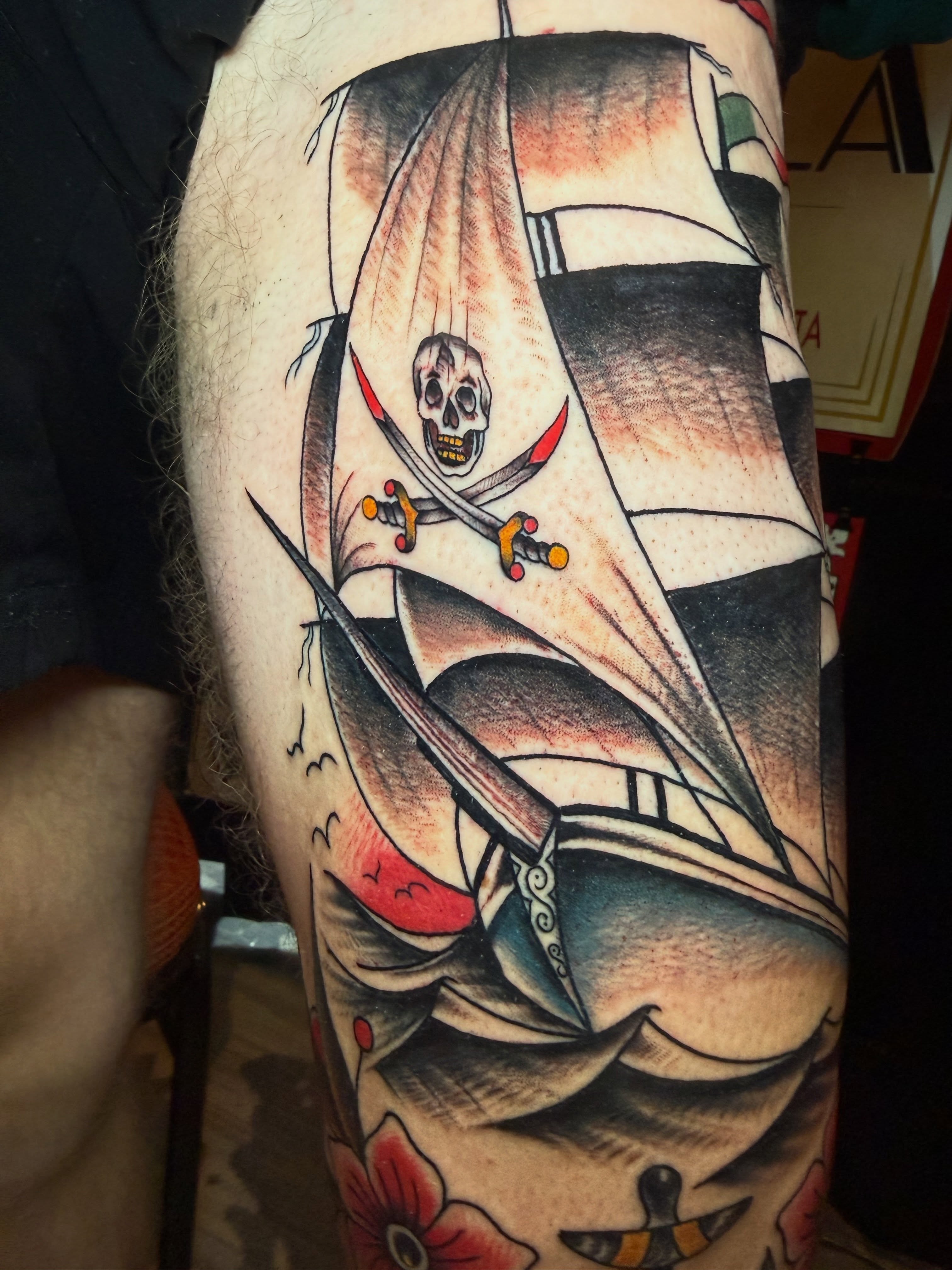 Pirate ship American traditional tattoo on the forearm by Alessandro Pennella