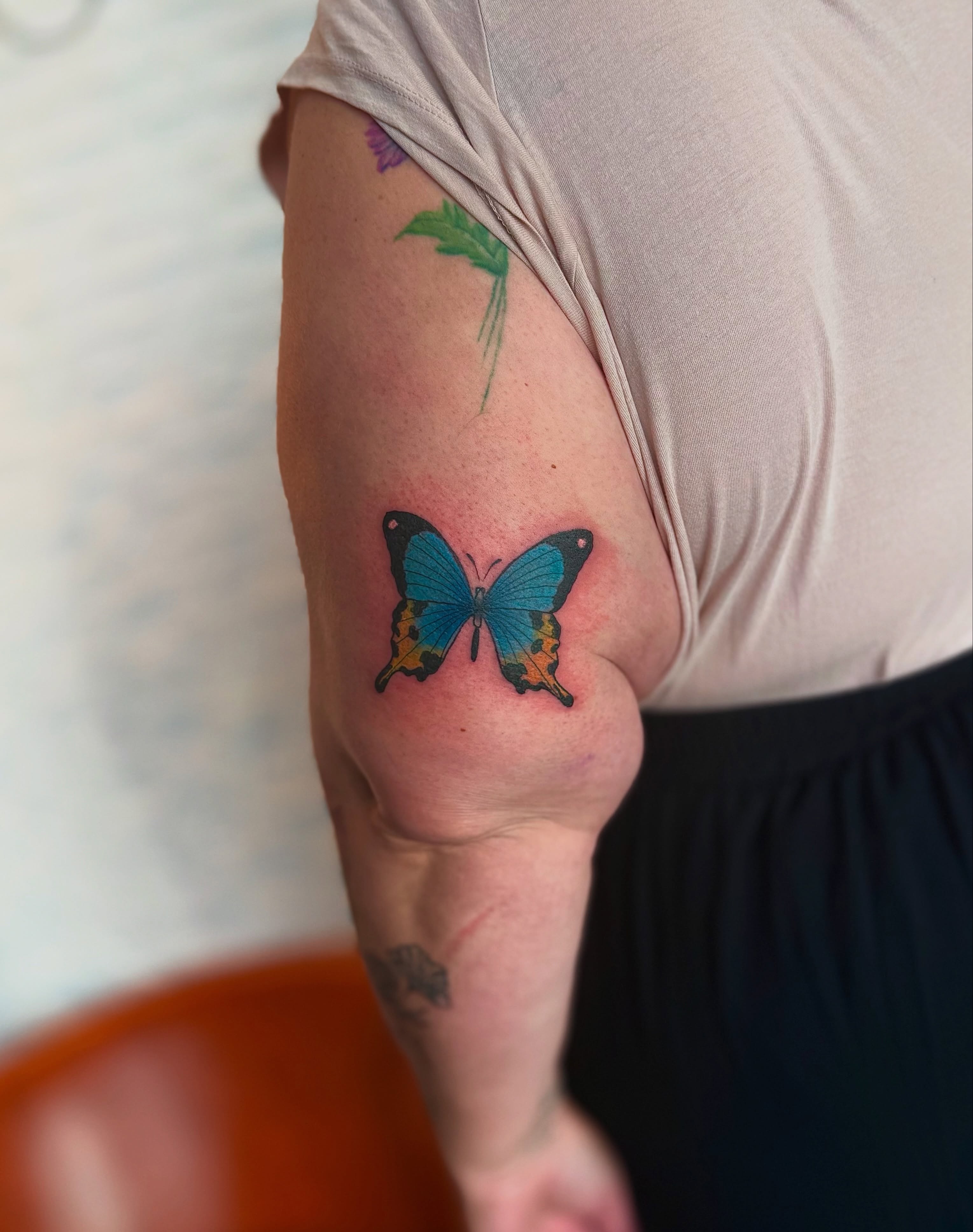 Butterfly new school tattoo on the forearm by Kyndall Lynn, Waxahachie, Texas