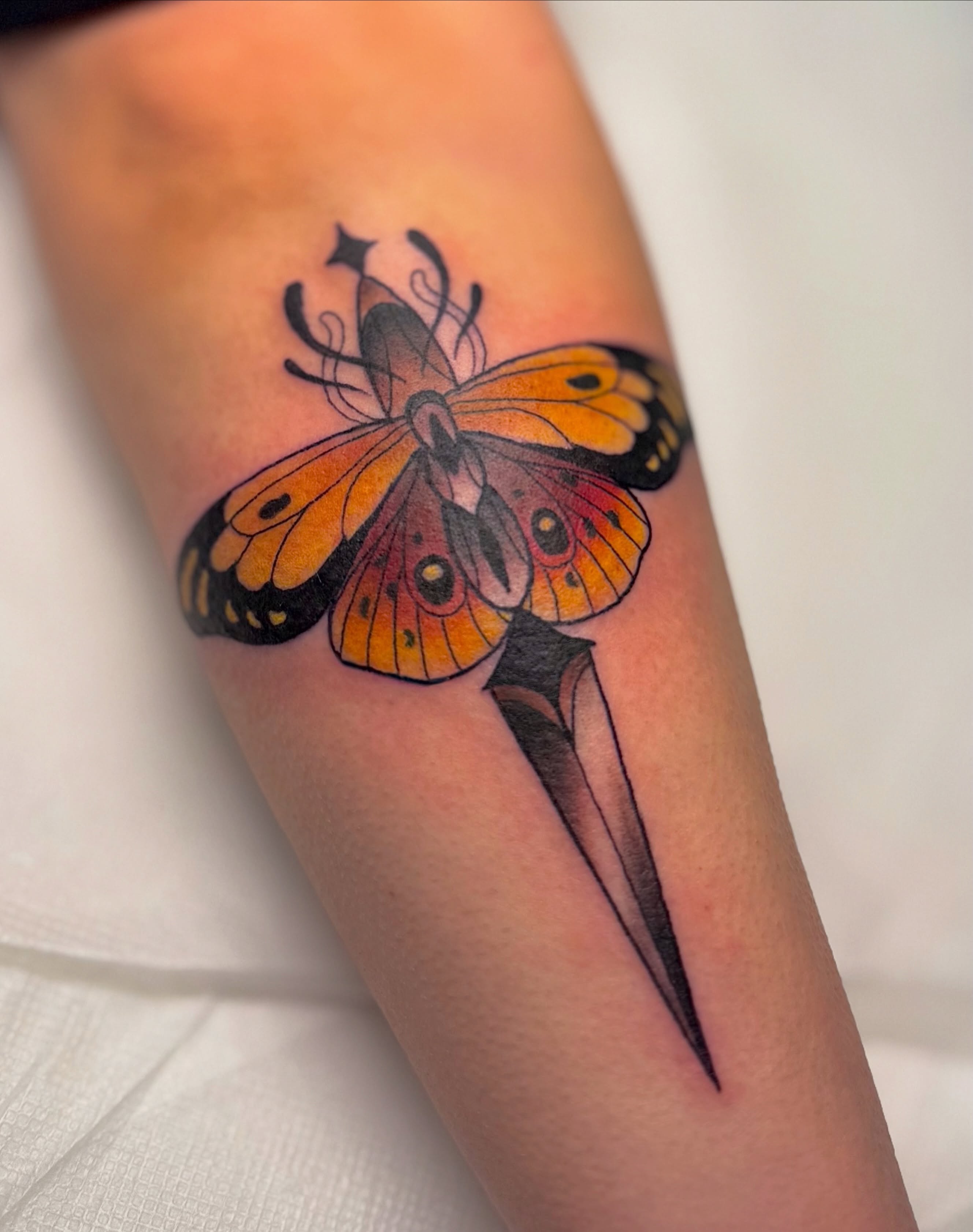 Butterfly realism tattoo on the forearm by Kyndall Lynn, Waxahachie, Texas