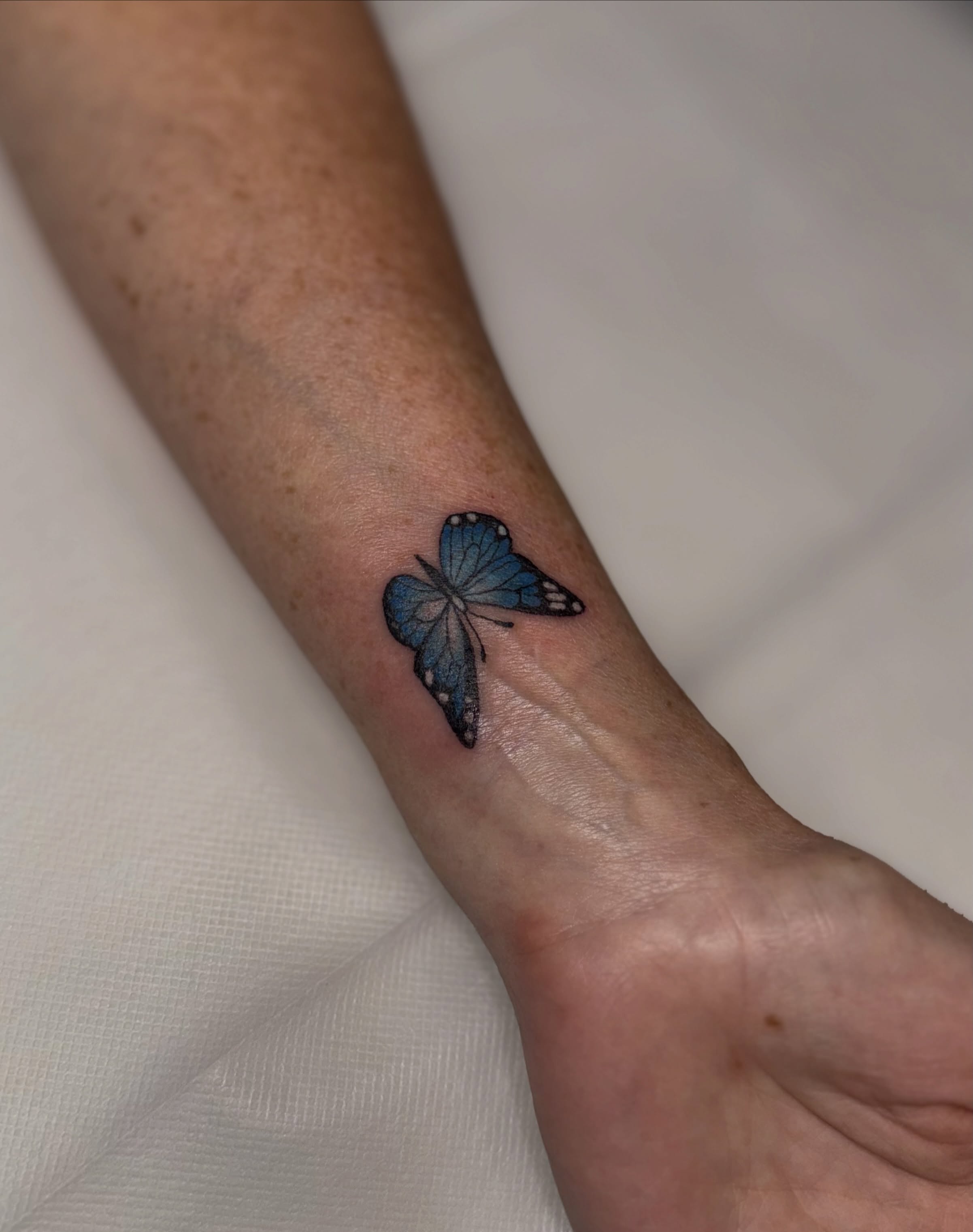 Butterfly realism tattoo on the forearm by Kyndall Lynn, Waxahachie, Texas