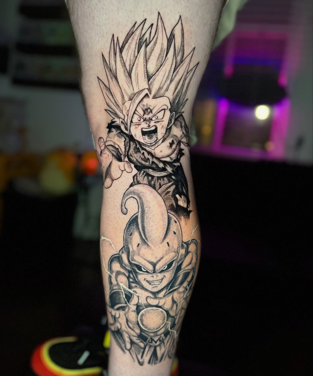 Dragon ball characters dotwork tattoo on the forearm by Quentin Stevenson, Slidell, Louisiana