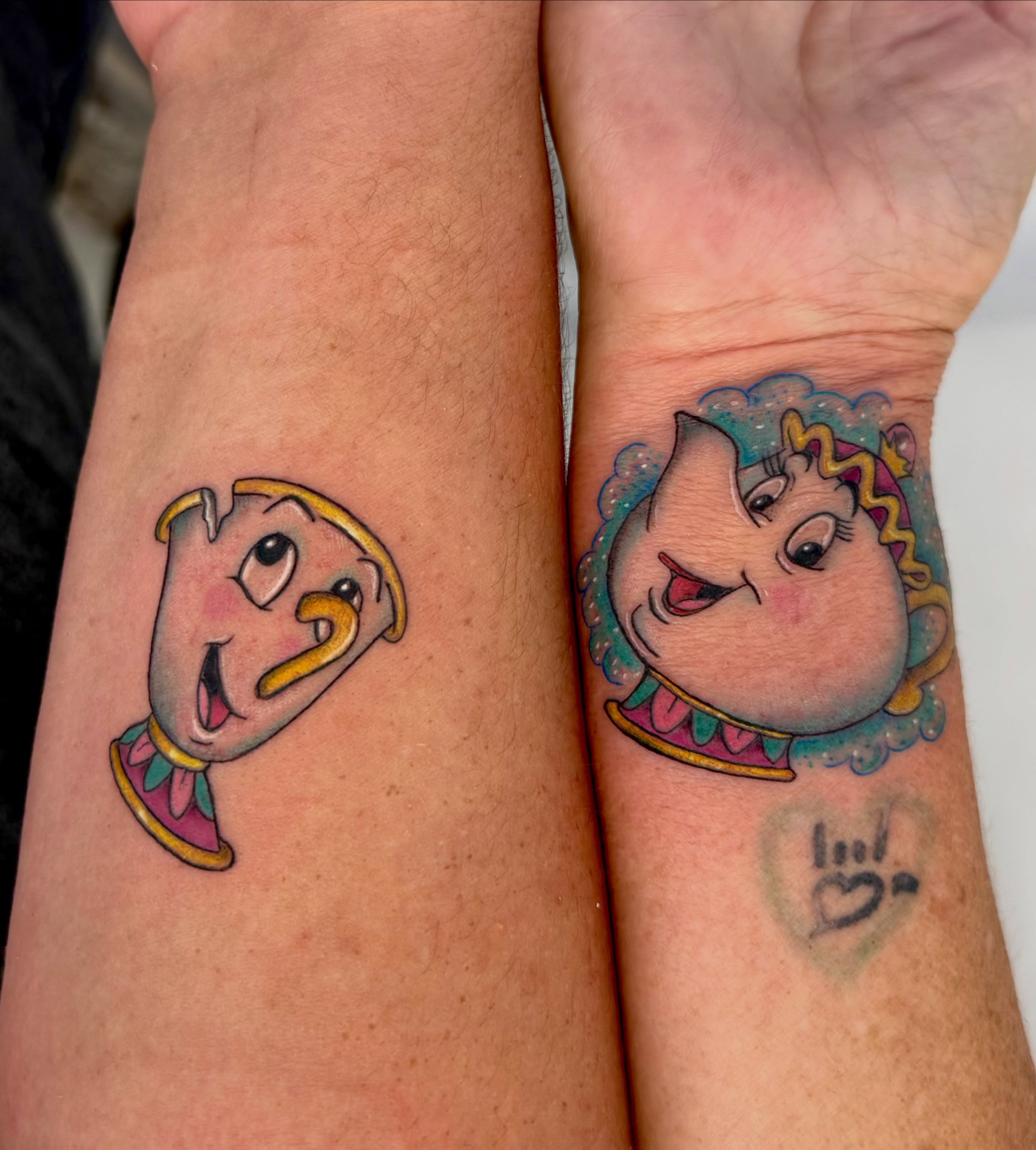 Chip and Mrs. Potts new school tattoo on the forearm by Jerry Thomas