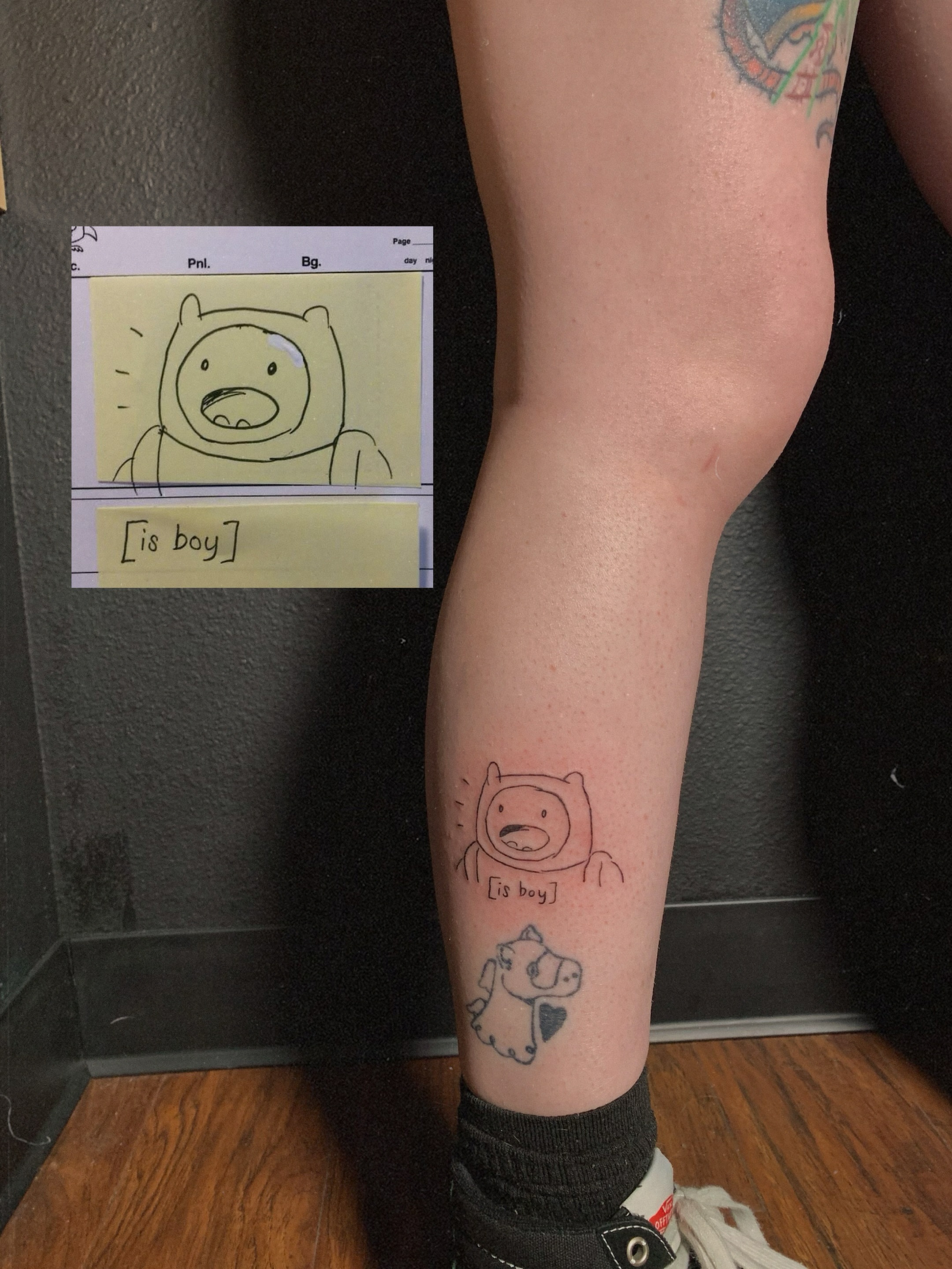 Adventure Time characters dotwork tattoo on the calf by charles
