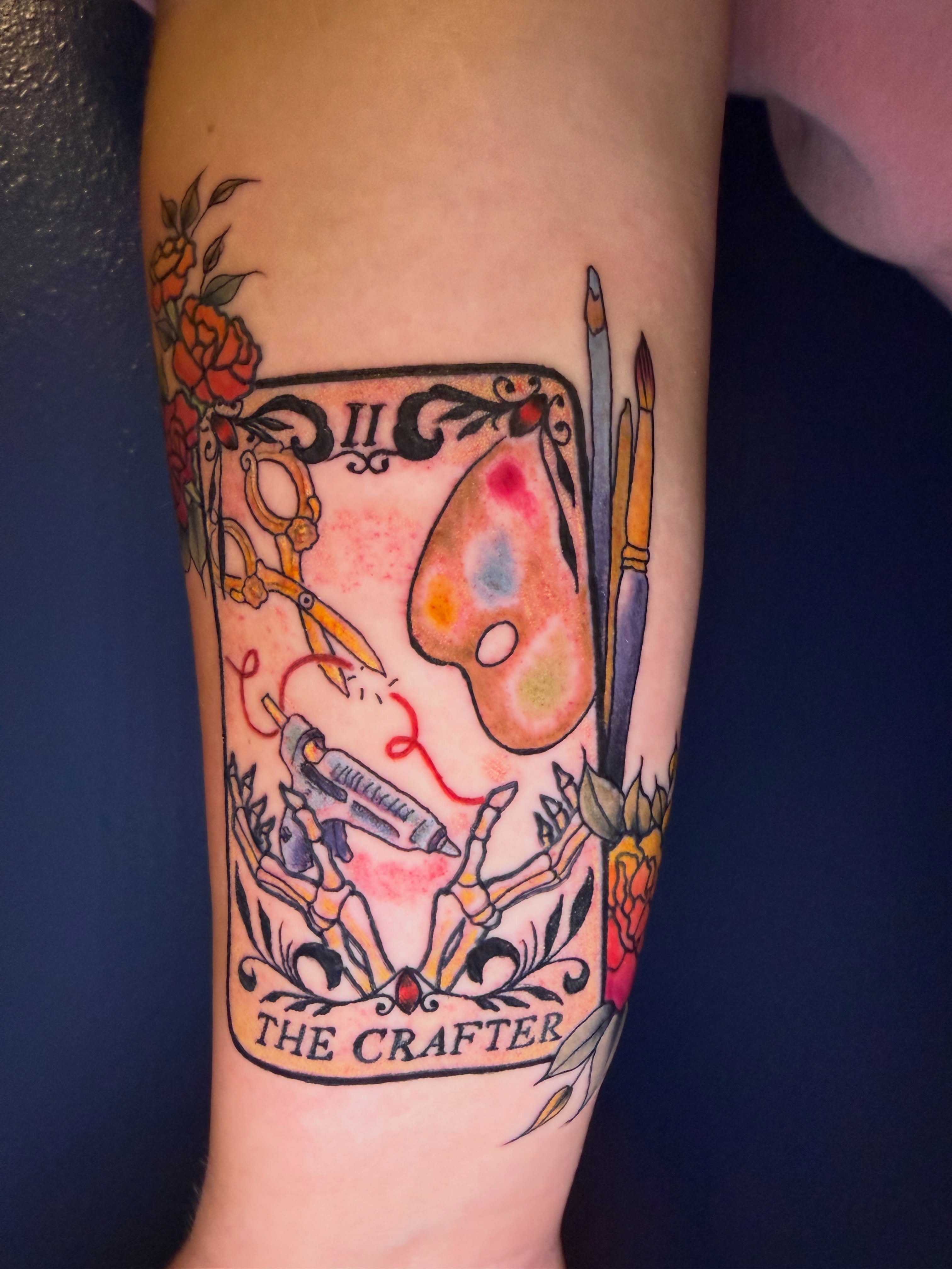 Crafting tools American traditional tattoo on the forearm by Maggie De La Torre ๐ณ๏ธโโง๏ธ๐ฒ๐ฝ