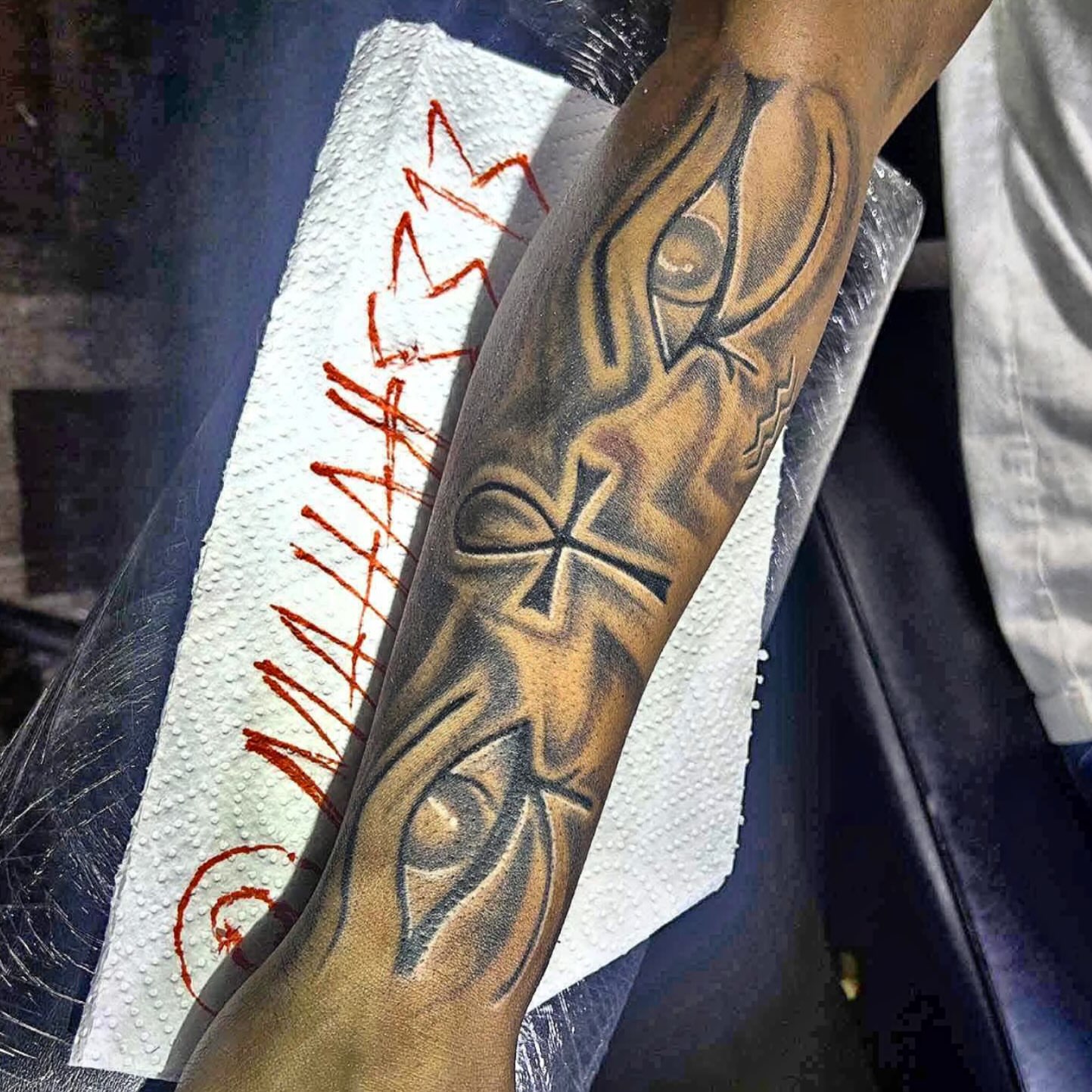 Eye and cross black and grey tattoo on the forearm by 🔥Matt Tatts 313🔥