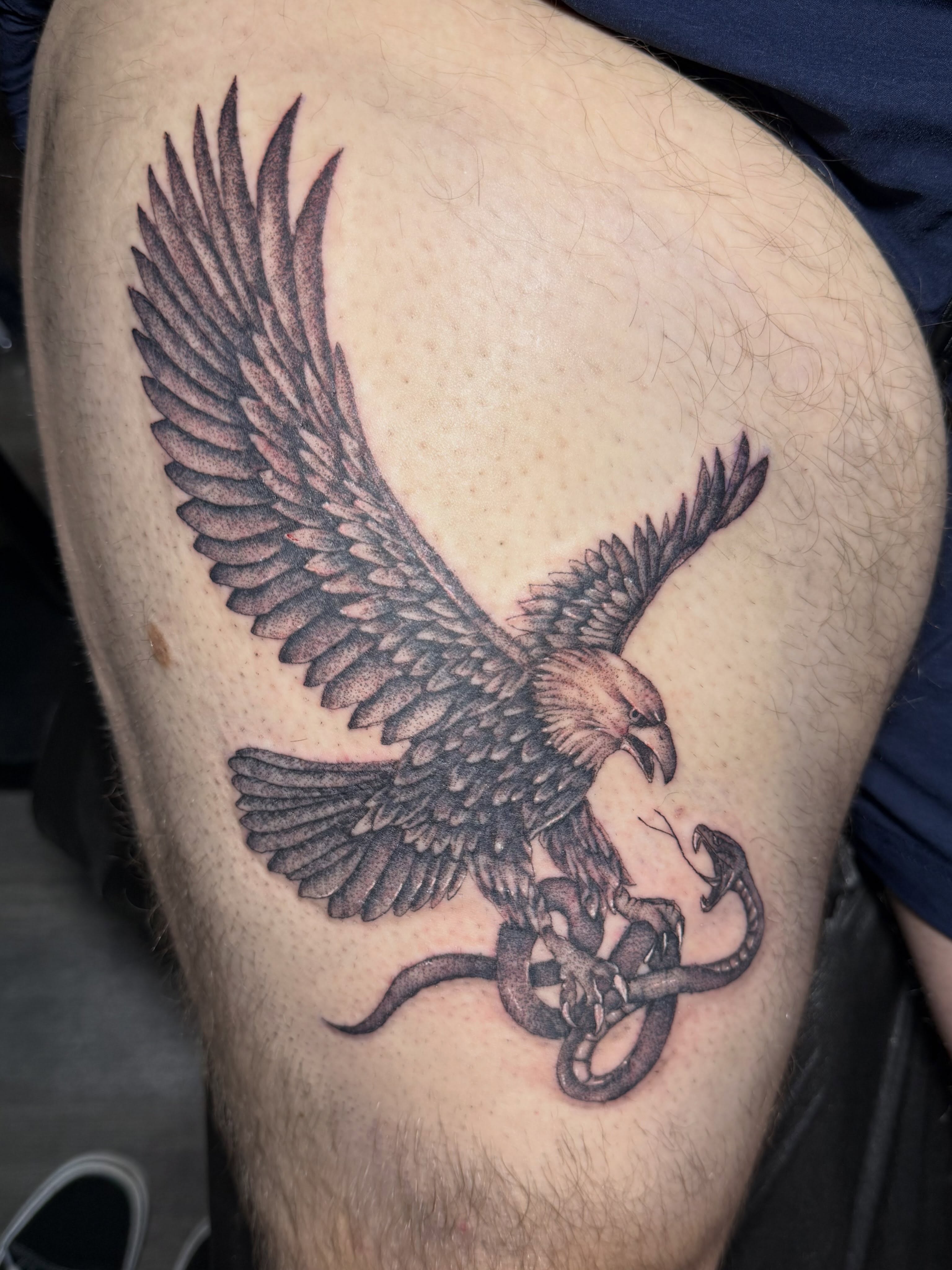 Eagle black and grey tattoo on the thigh by amelia morse ⋆。°✩ mi tattoo artist