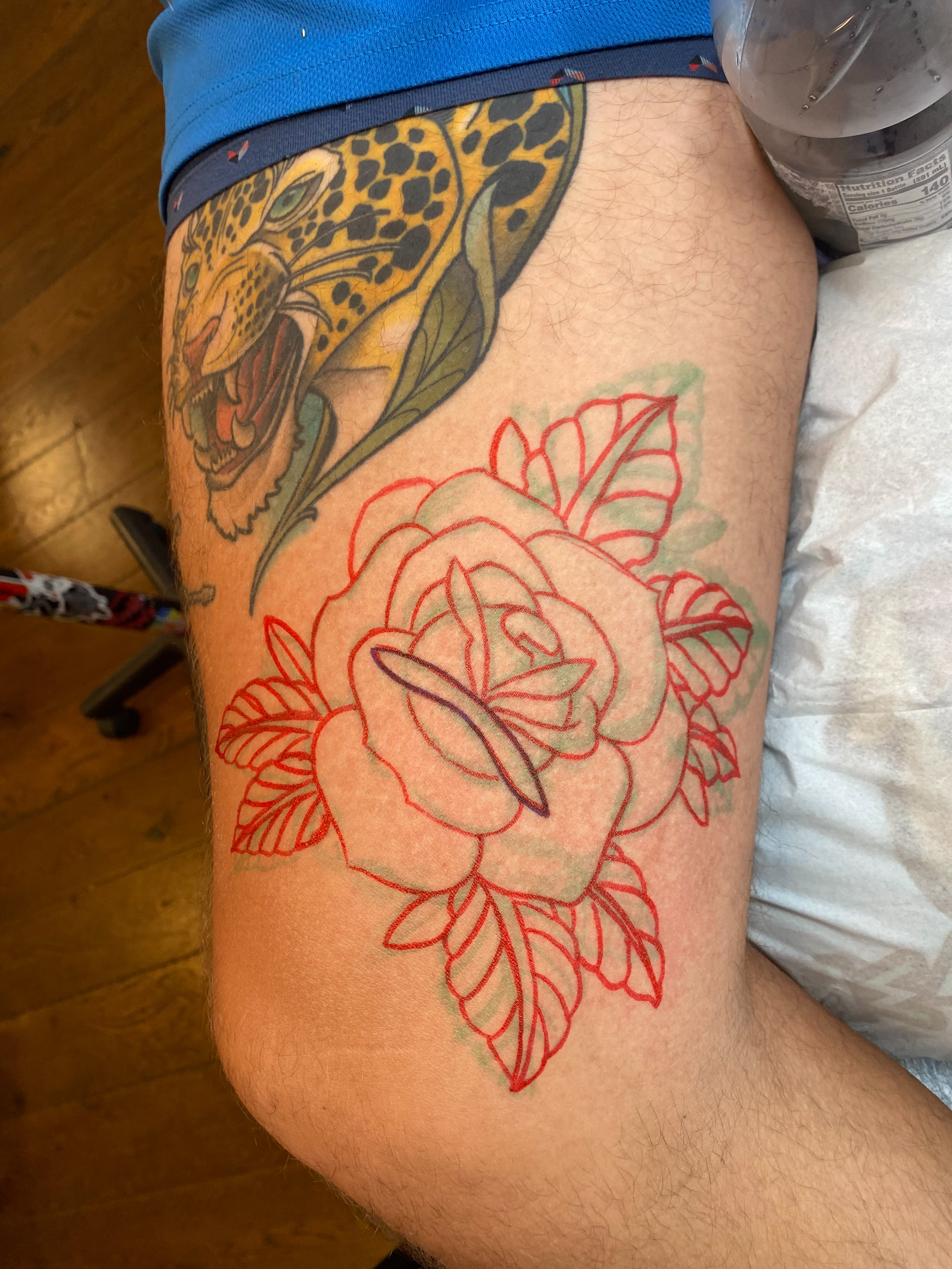 Rose American traditional tattoo on the thigh by S C O T T