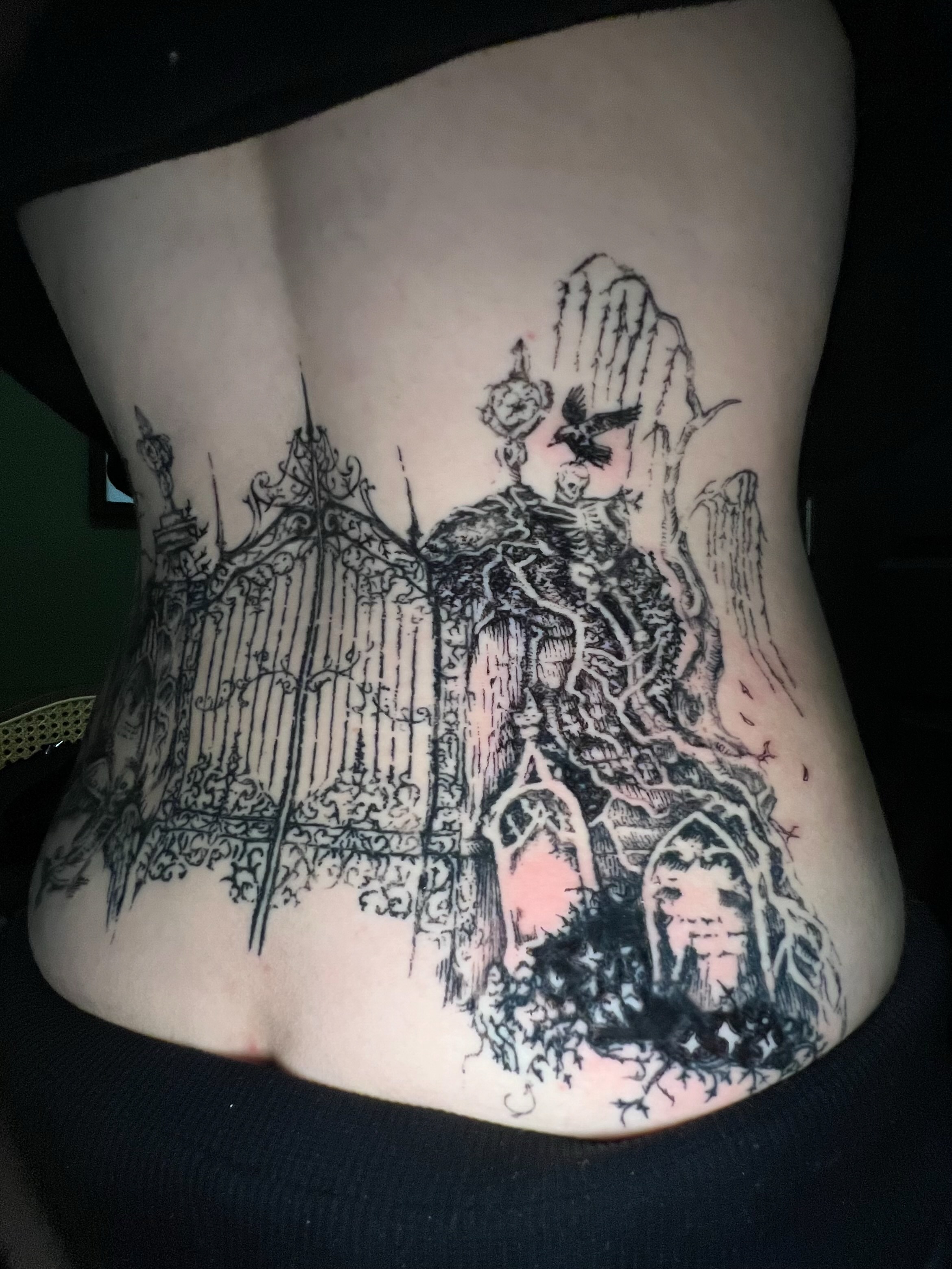 Gothic cemetery dark realism tattoo on the torso by ꧁ 𝓛𝖎𝖛 ꧂, Cambridge, Massachusetts