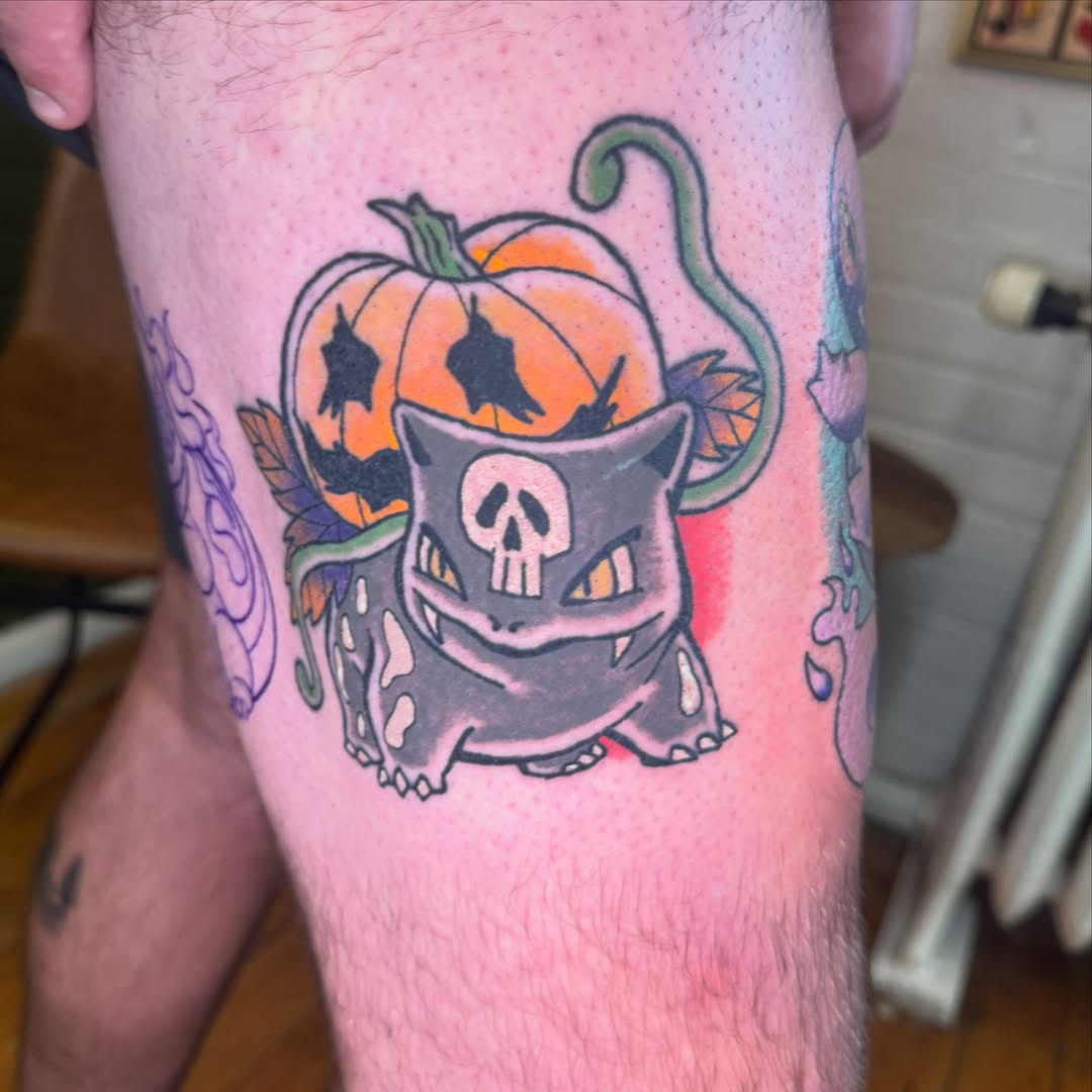 Pumpkin monster American traditional tattoo on the leg by Zac Smith-Chevalier