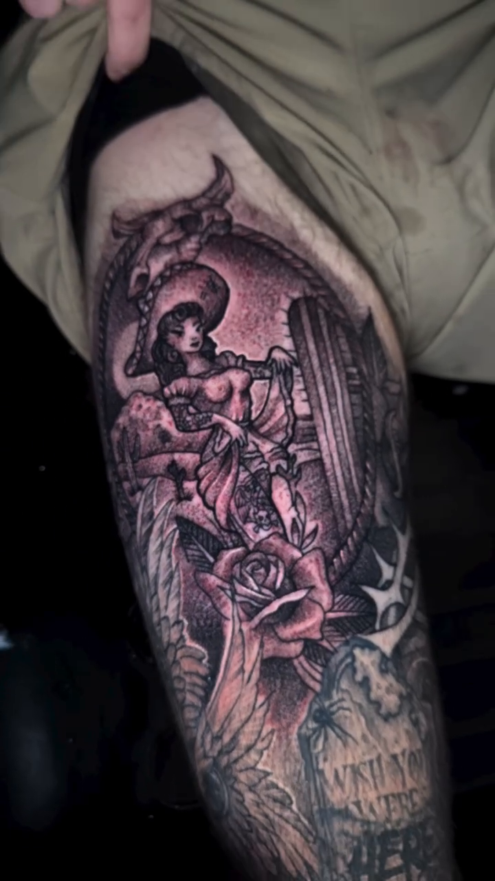 Woman with roses and architectural elements neo-traditional tattoo by Alex Wheelock