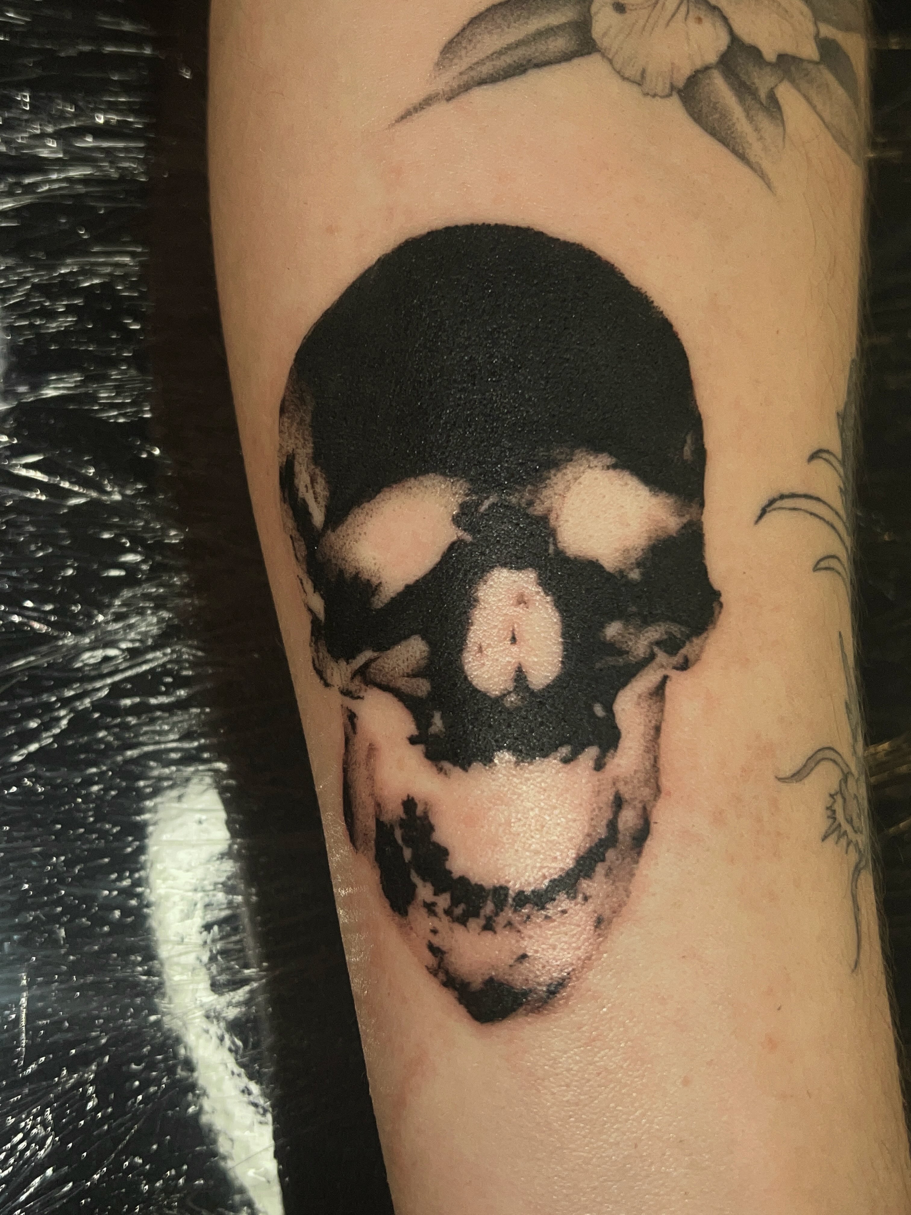 Skull black and grey tattoo on the forearm by ♡ ant ☆
