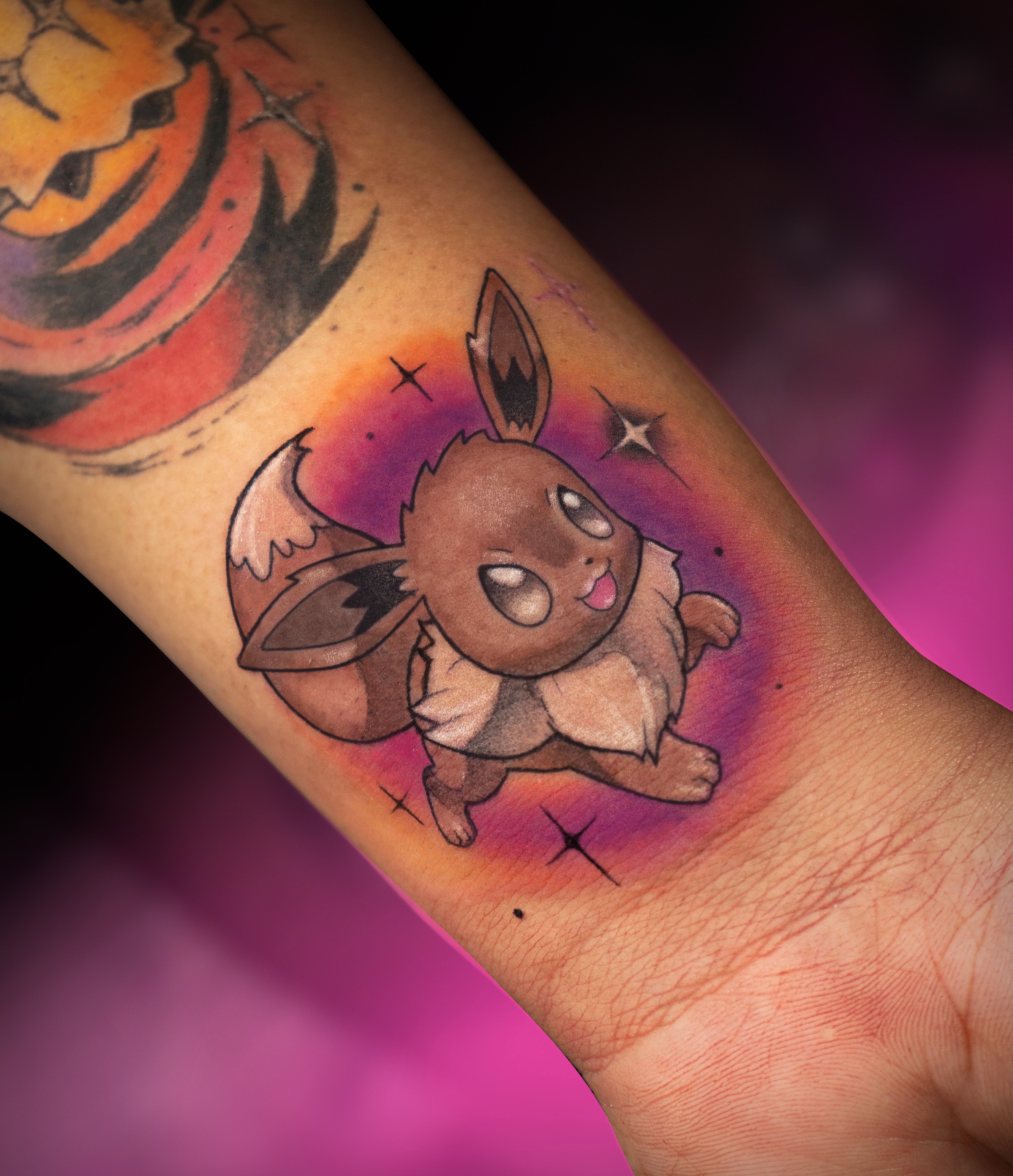 Eevee dotwork tattoo on the forearm by 🖤 Xamy ∆rt (◍
