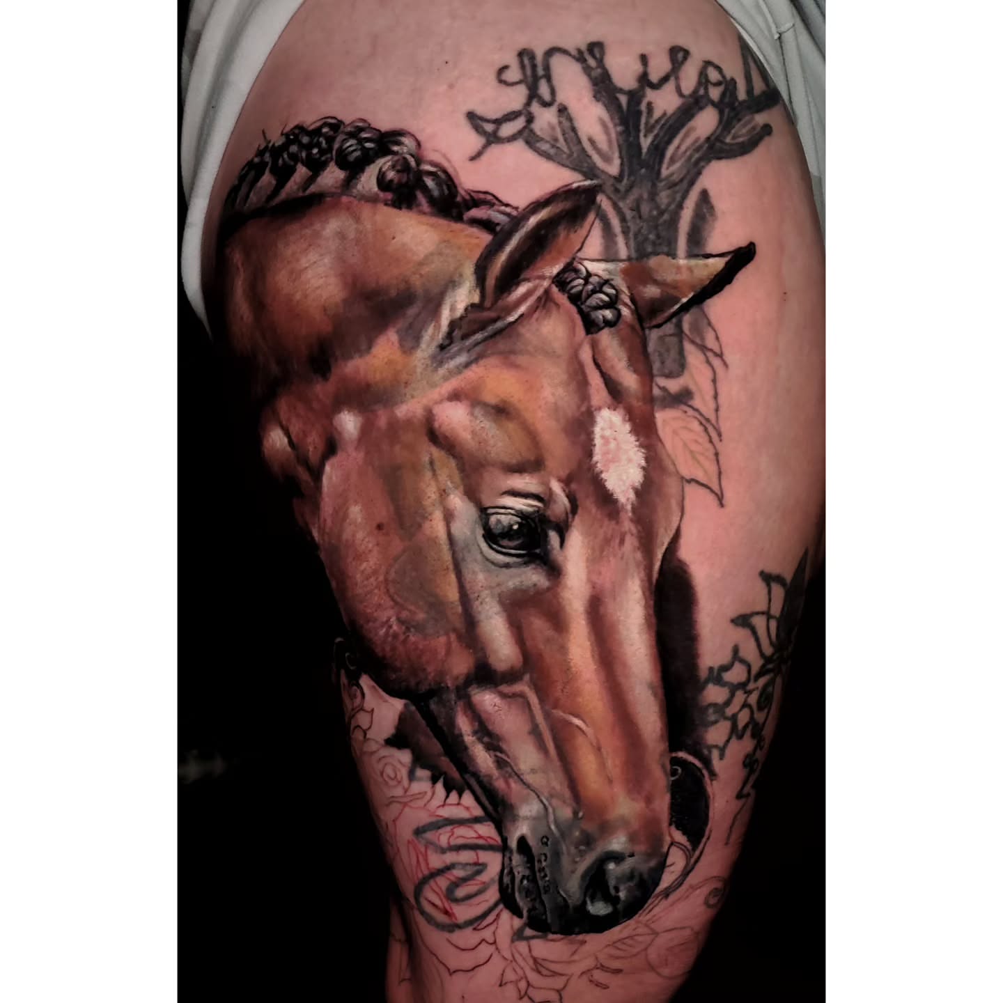 Horse realism tattoo on the forearm by Bruce Riehl