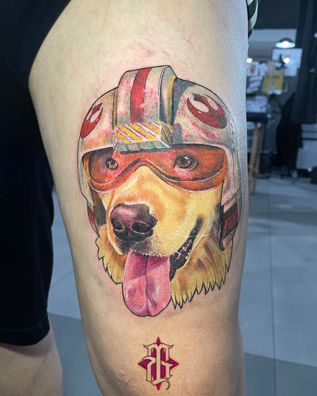 Dog wearing helmet realism tattoo on the thigh by BRIK RANGEL - Tattoo Artist