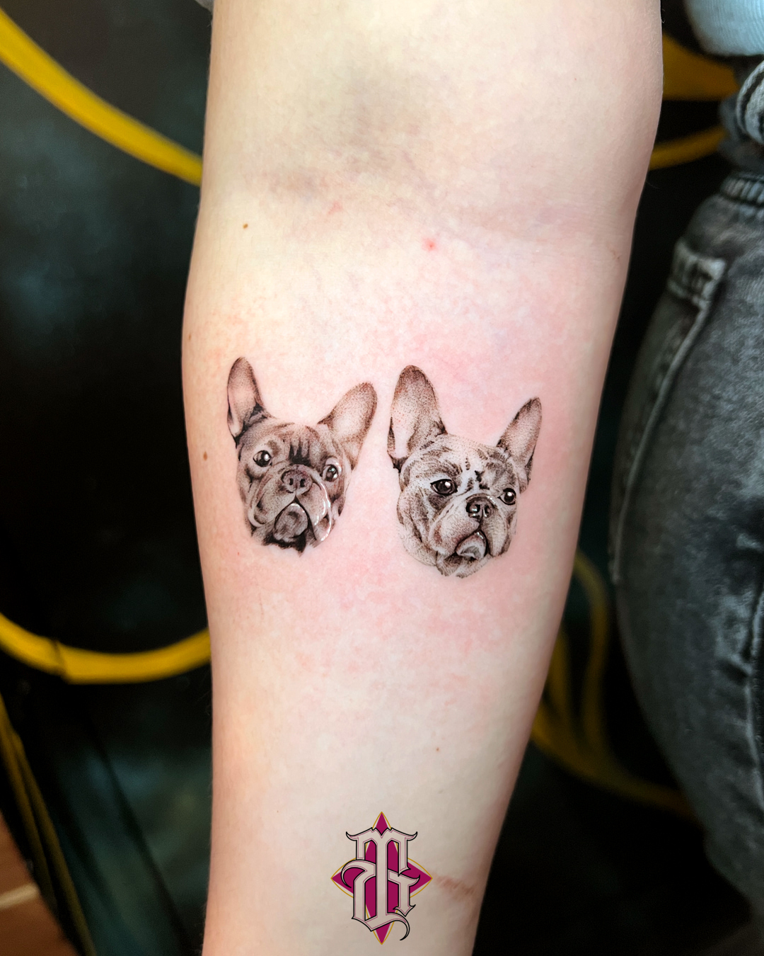 French bulldogs realism tattoo on the forearm by BRIK RANGEL - Tattoo Artist