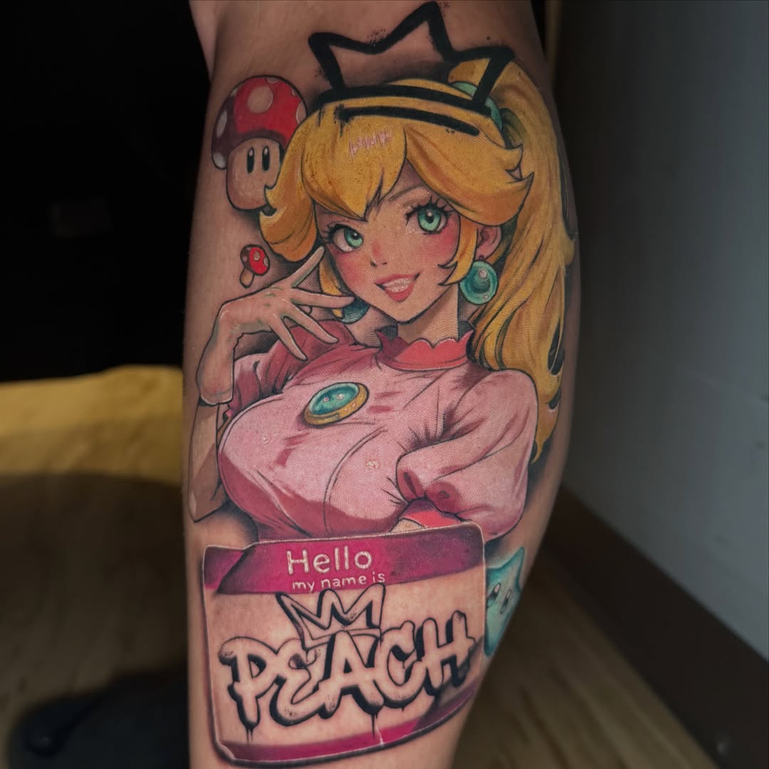 Princess Peach anime tattoo on the forearm by Dustin Kaiser, Mentor, Ohio