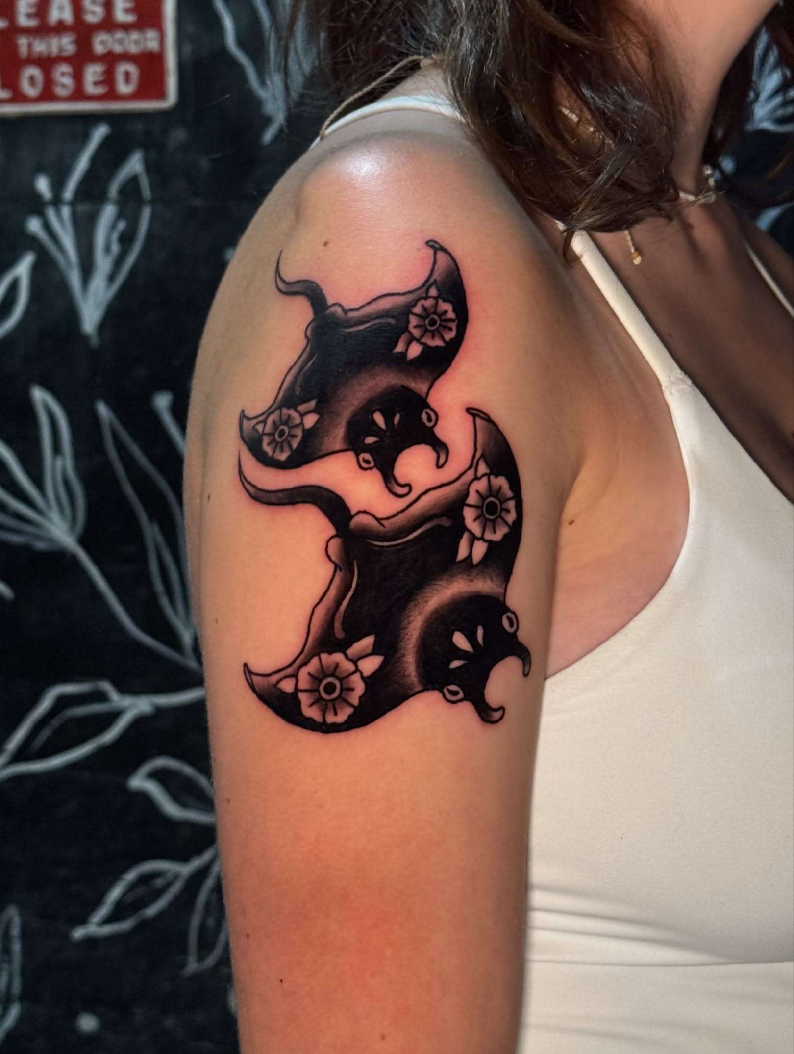 Yin yang black and grey tattoo on the shoulder by 🐆Cam Feral Tattoos