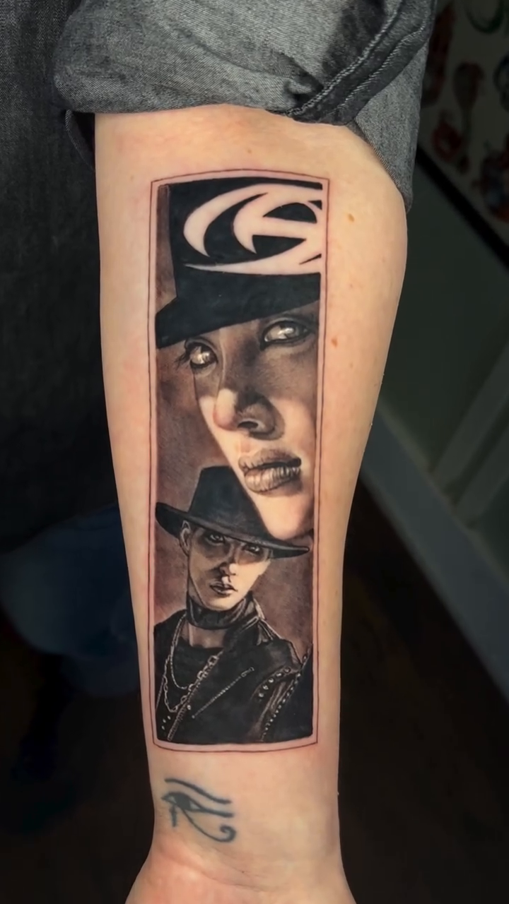 Portraits of two figures realism tattoo by Abel Deida