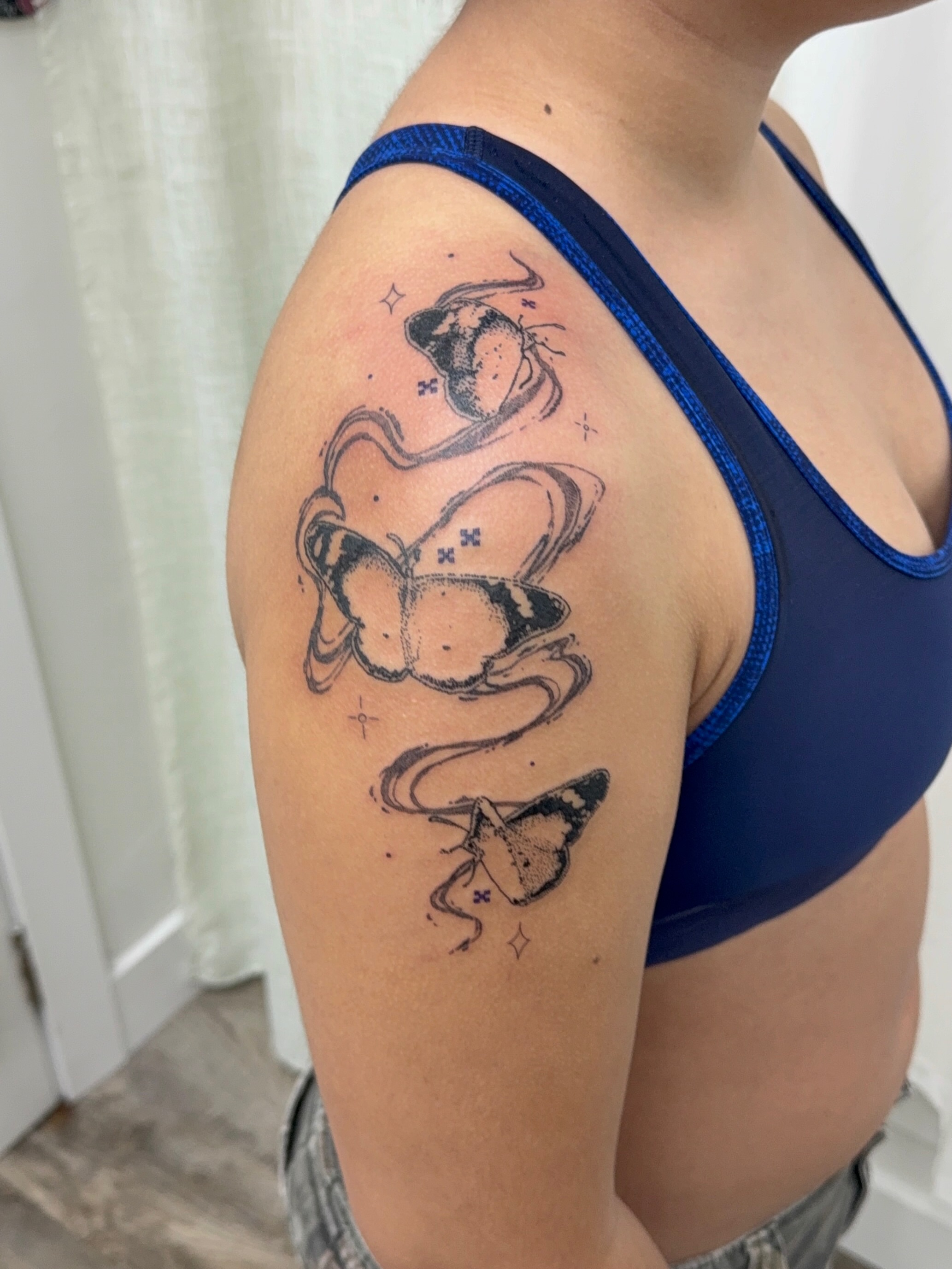 Butterflies black and grey tattoo on the shoulder by ꧁༒