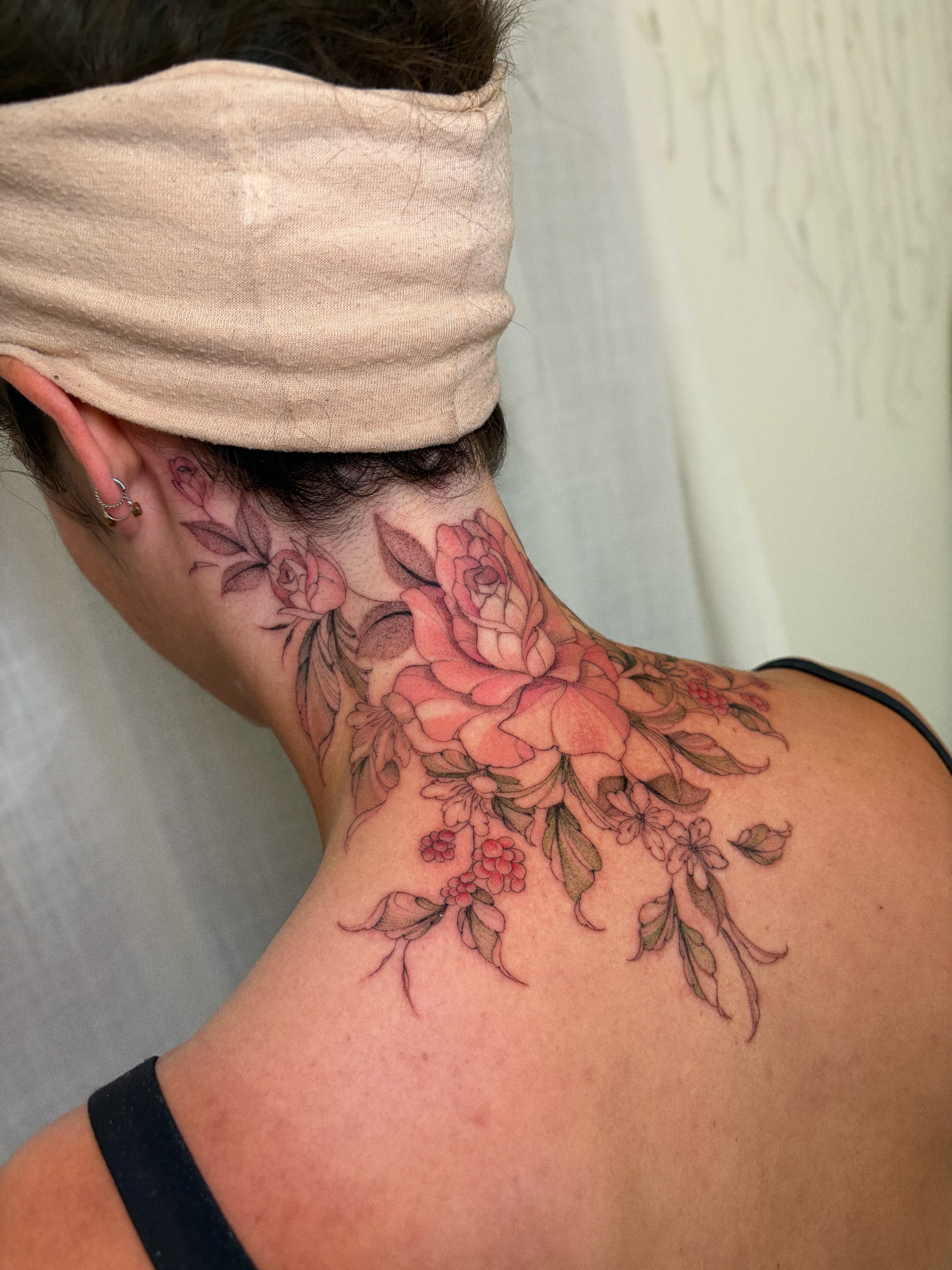 Floral arrangement realism tattoo on the neck by Justene Renee 🖤 Fine Line Tattoo Artist